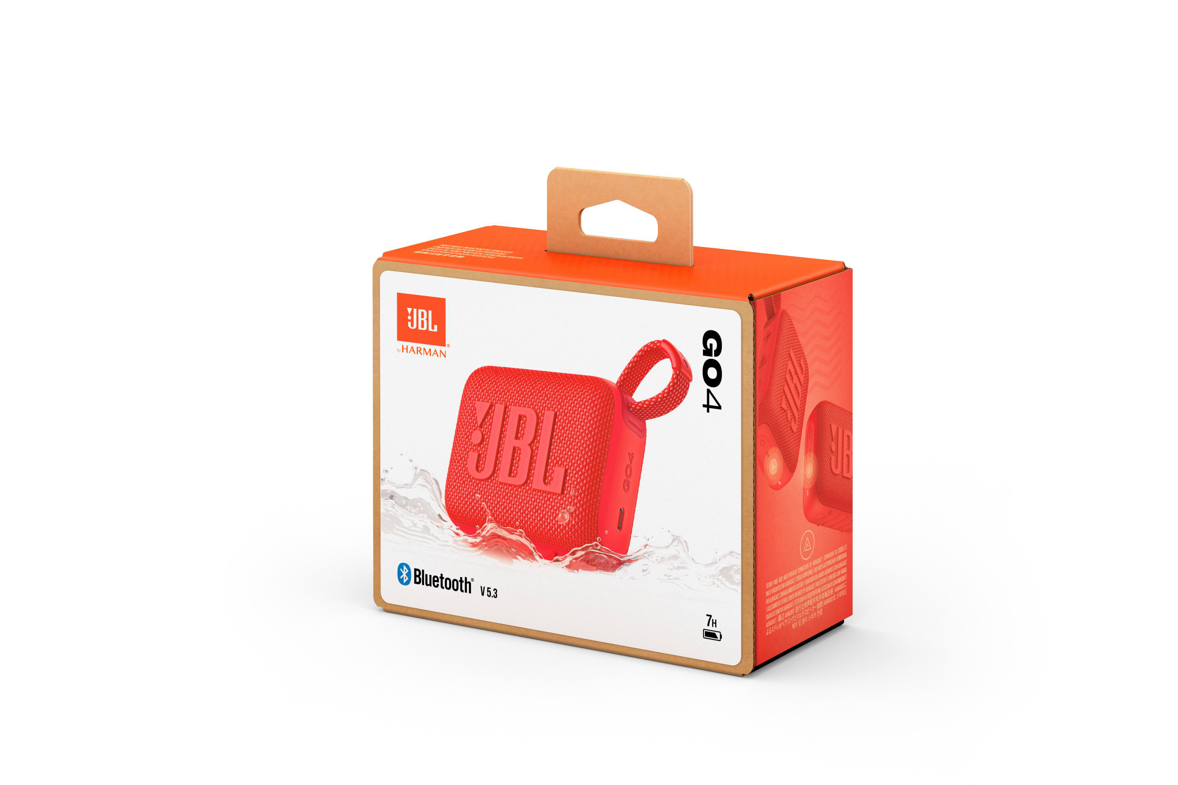 Ein roter JBL-Lautsprecher in seiner Box, mit einem Bild des Lautsprechers auf der Vorderseite.