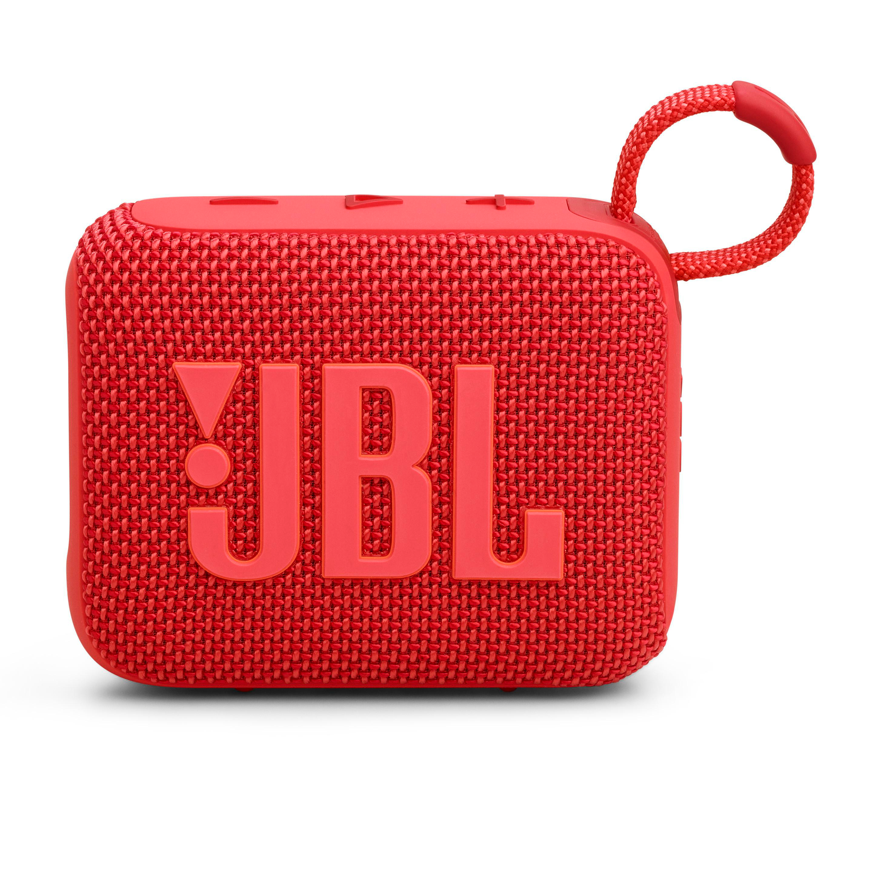 Roter JBL Go 3 Lautsprecher. Klein, quadratisch, mit Schlaufe. JBL Logo prominent.
