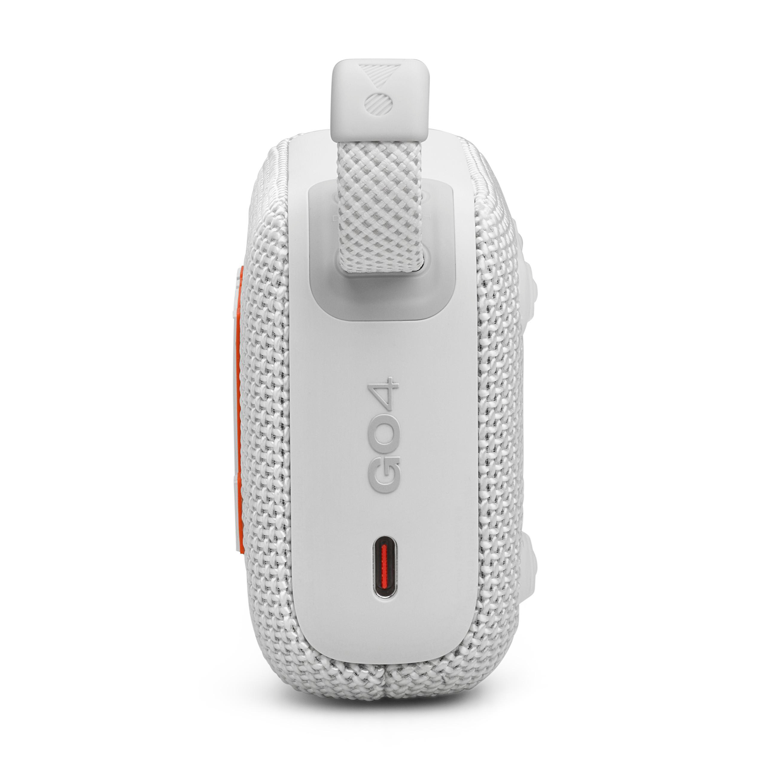 Weißer und orangefarbener tragbarer Lautsprecher JBL GO4 mit Riemen und Ladeanschluss.