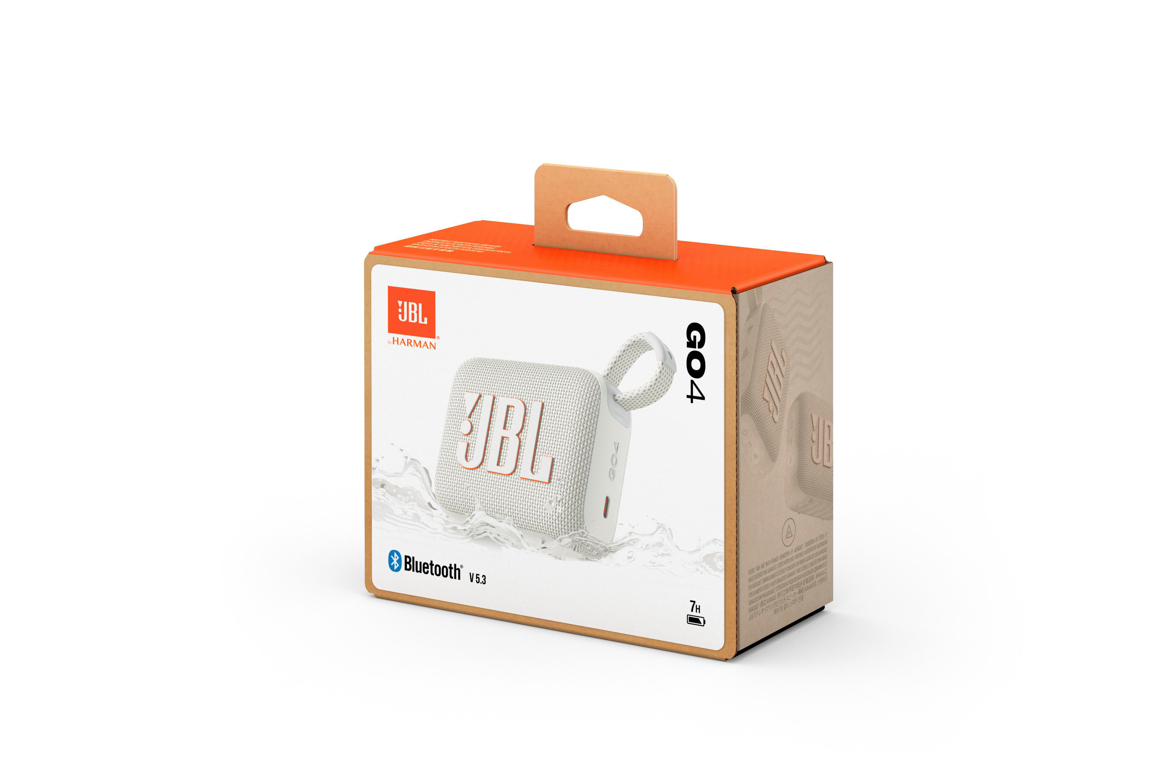 Eine JBL-Lautsprecherbox mit sichtbarem weißen Lautsprecher. Die Box ist orange und braun.