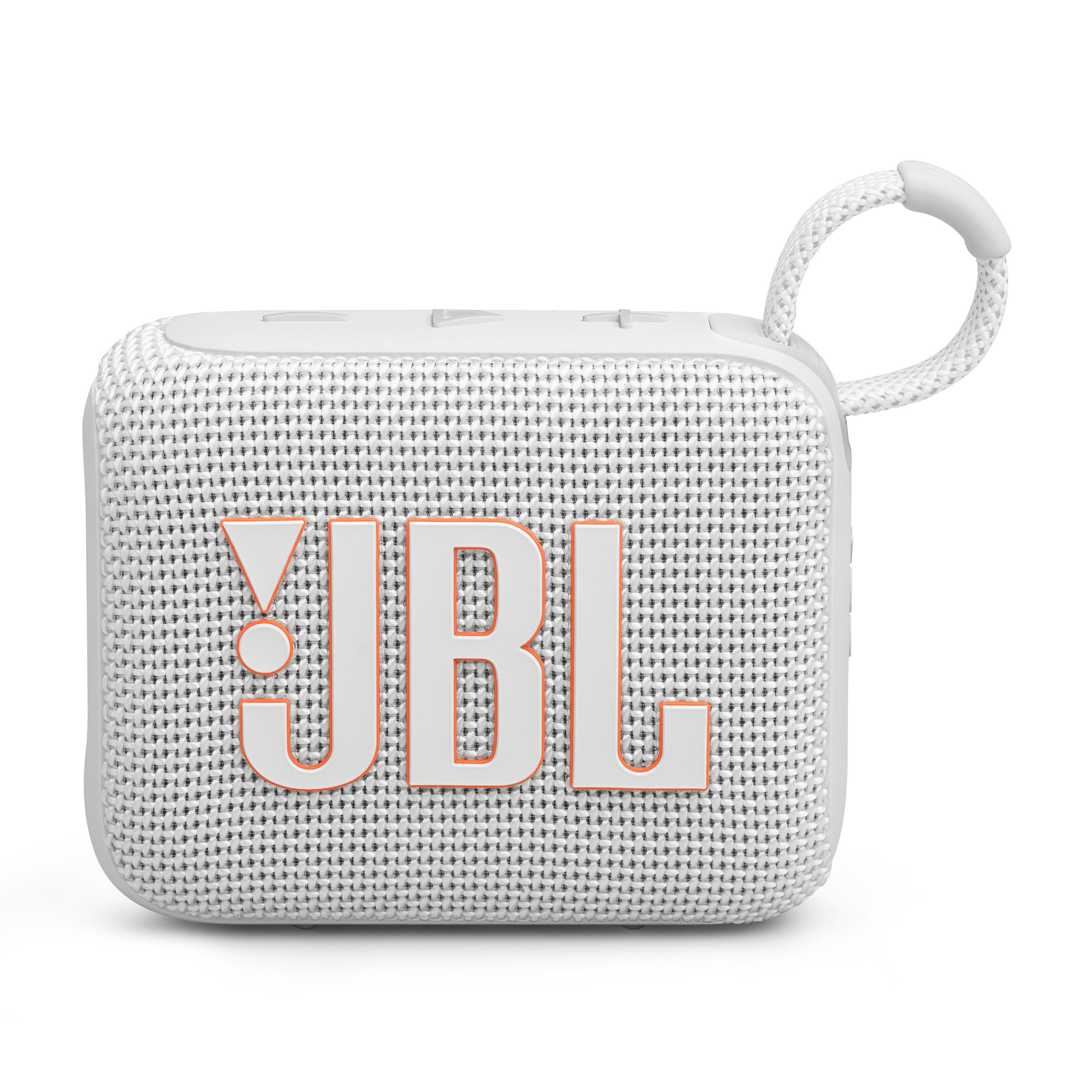 Ein weiß-oranger JBL-Lautsprecher mit Griff.