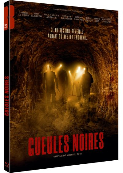 Gueules Noires Blu-ray cover. Drie figuren in een grot. Rode titel. Donkere, rokerige achtergrond.