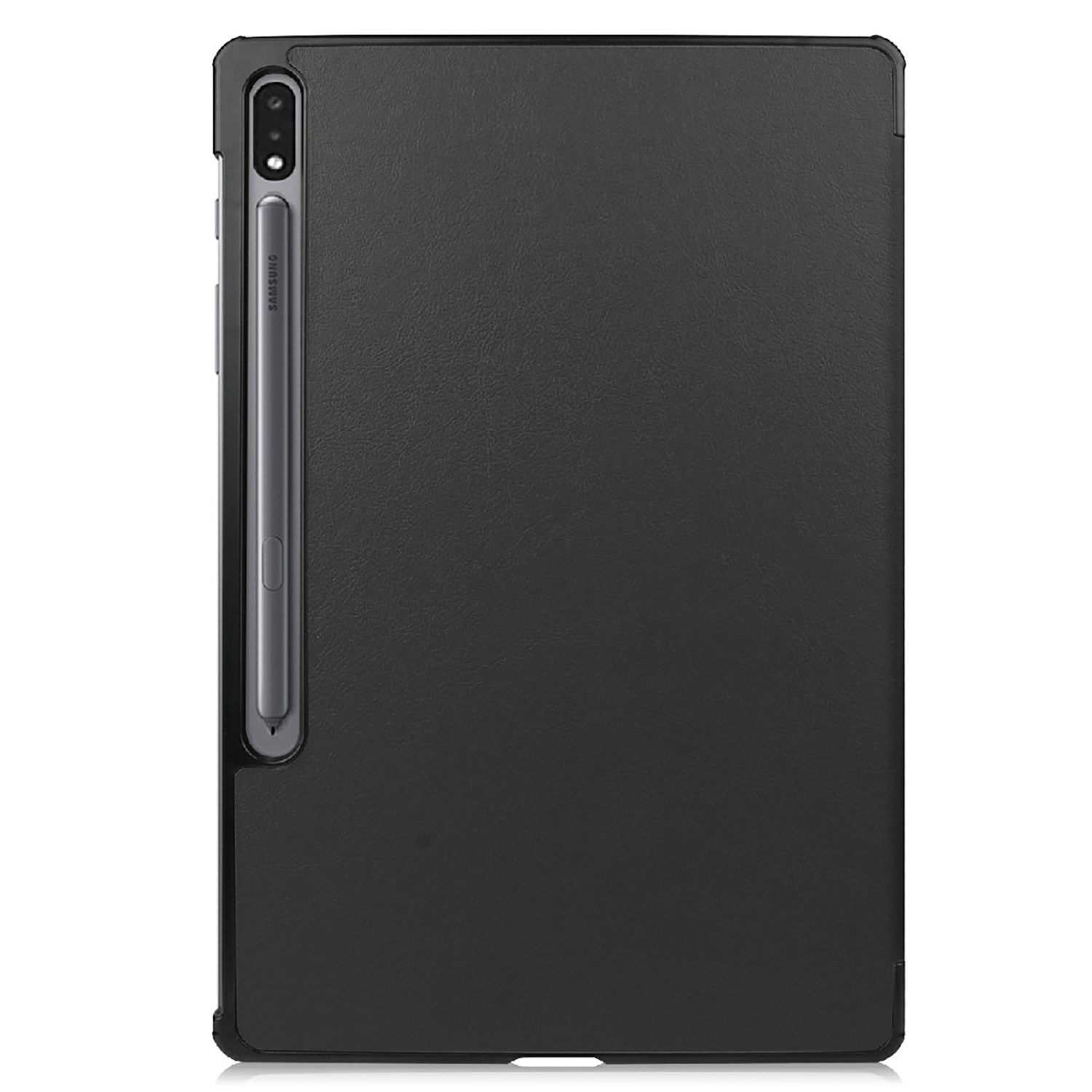Black tablet with a black case, and a pen on the left side.