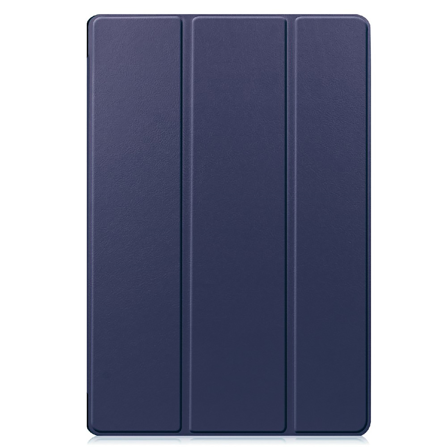 Dark blue tablet case, closed. Three vertical panels with a leather texture.