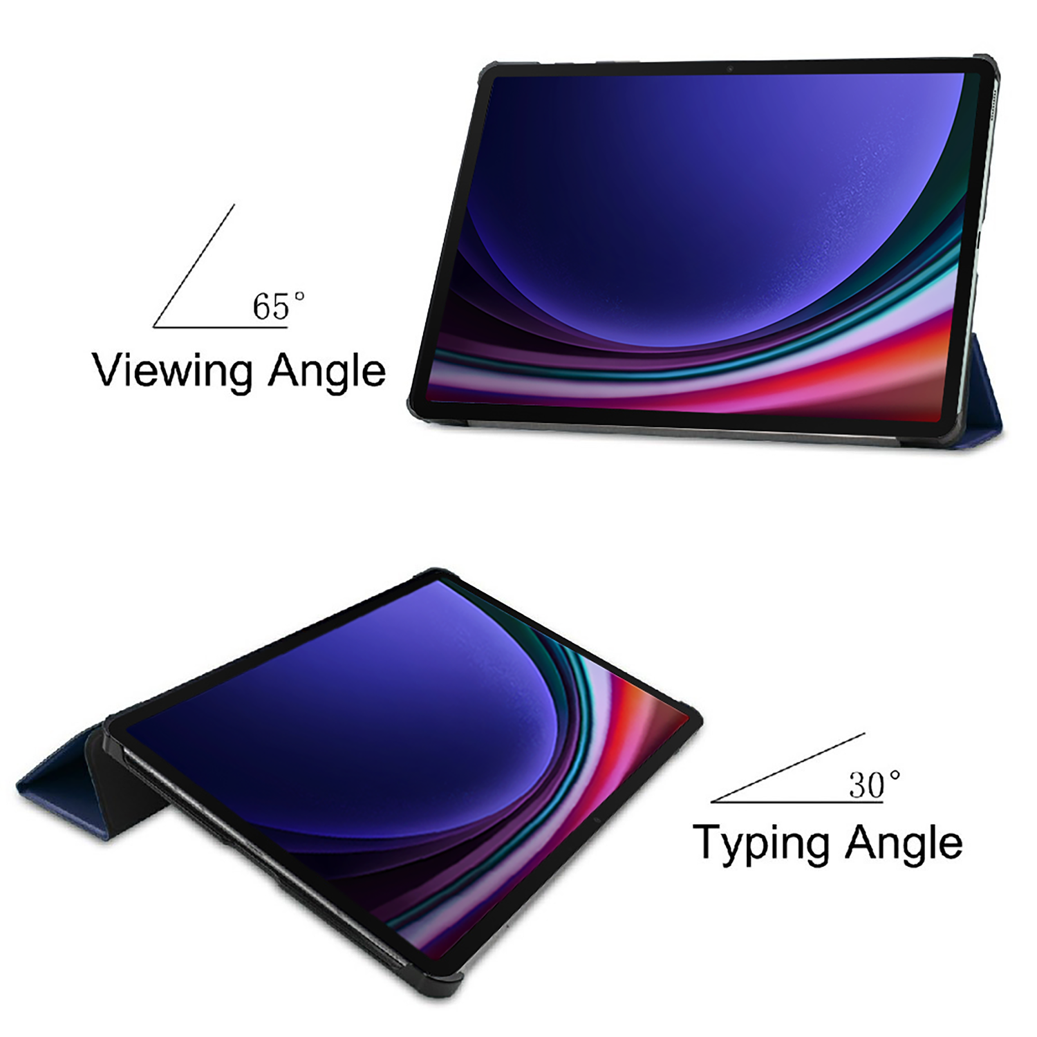 Two tablets, black, with a blue case. Displayed with viewing and typing angles, with related text.
