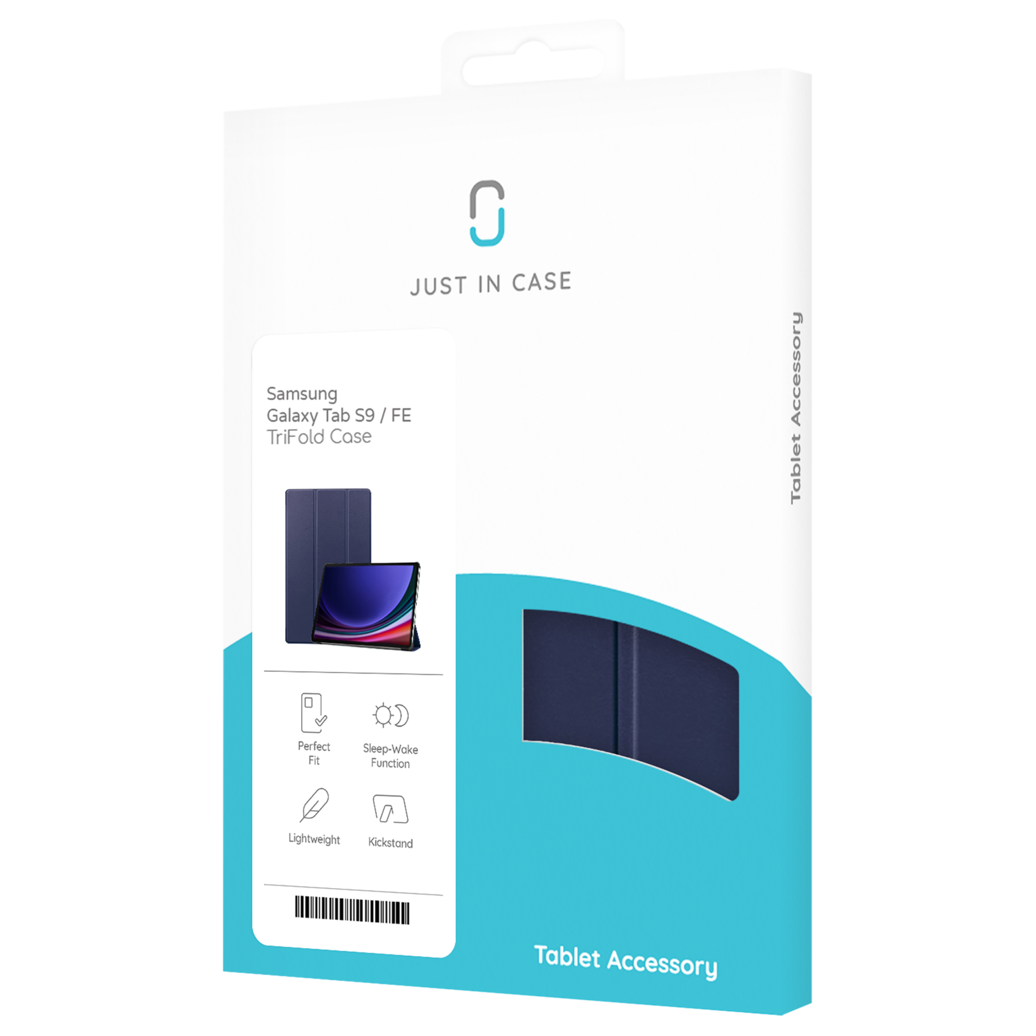 A tablet case in a white box. The case is blue, with images of the tablet and case.
