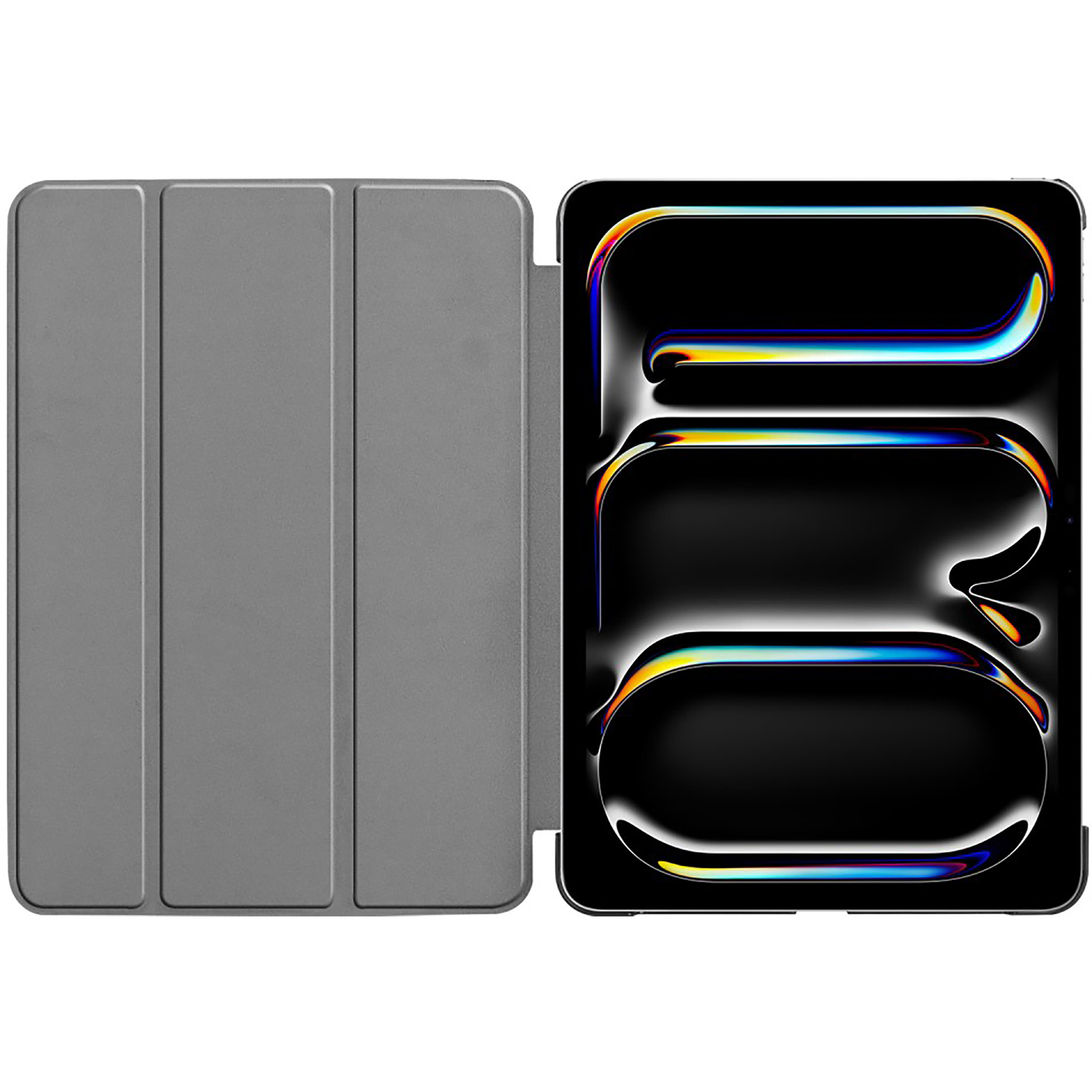 A gray tablet with a cover, showing a vibrant, colorful screen.
