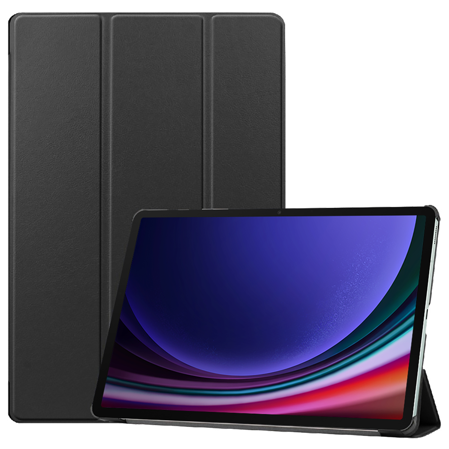 A black tablet with a case, the tablet is open showing the screen with a colorful image.