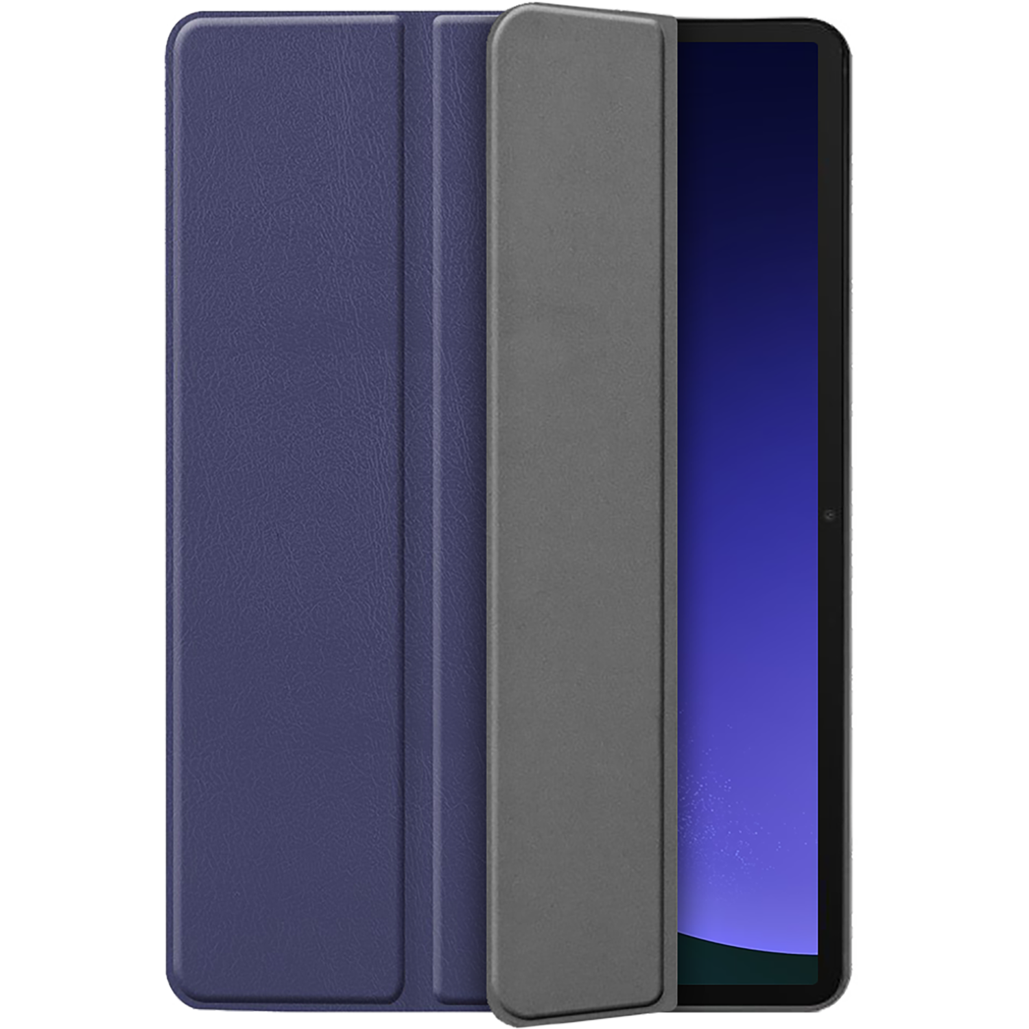 Tablet case. Closed, showing a blue cover and a gray spine. The tablet's screen is visible inside.