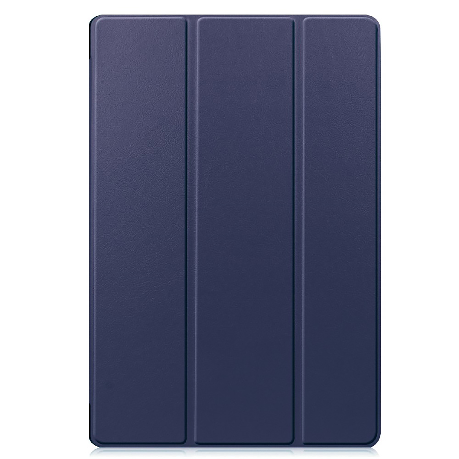 Navy blue tablet case, closed, with three vertical sections.