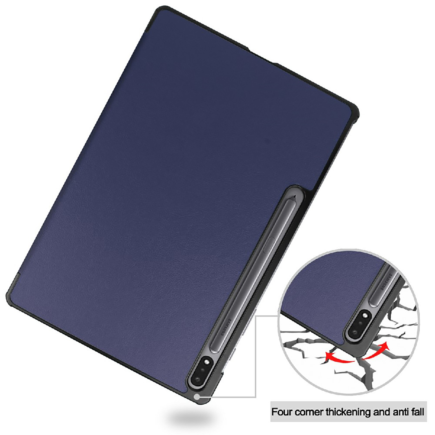 Blue tablet case with a stylus. A close-up shows the corner with a crack graphic.