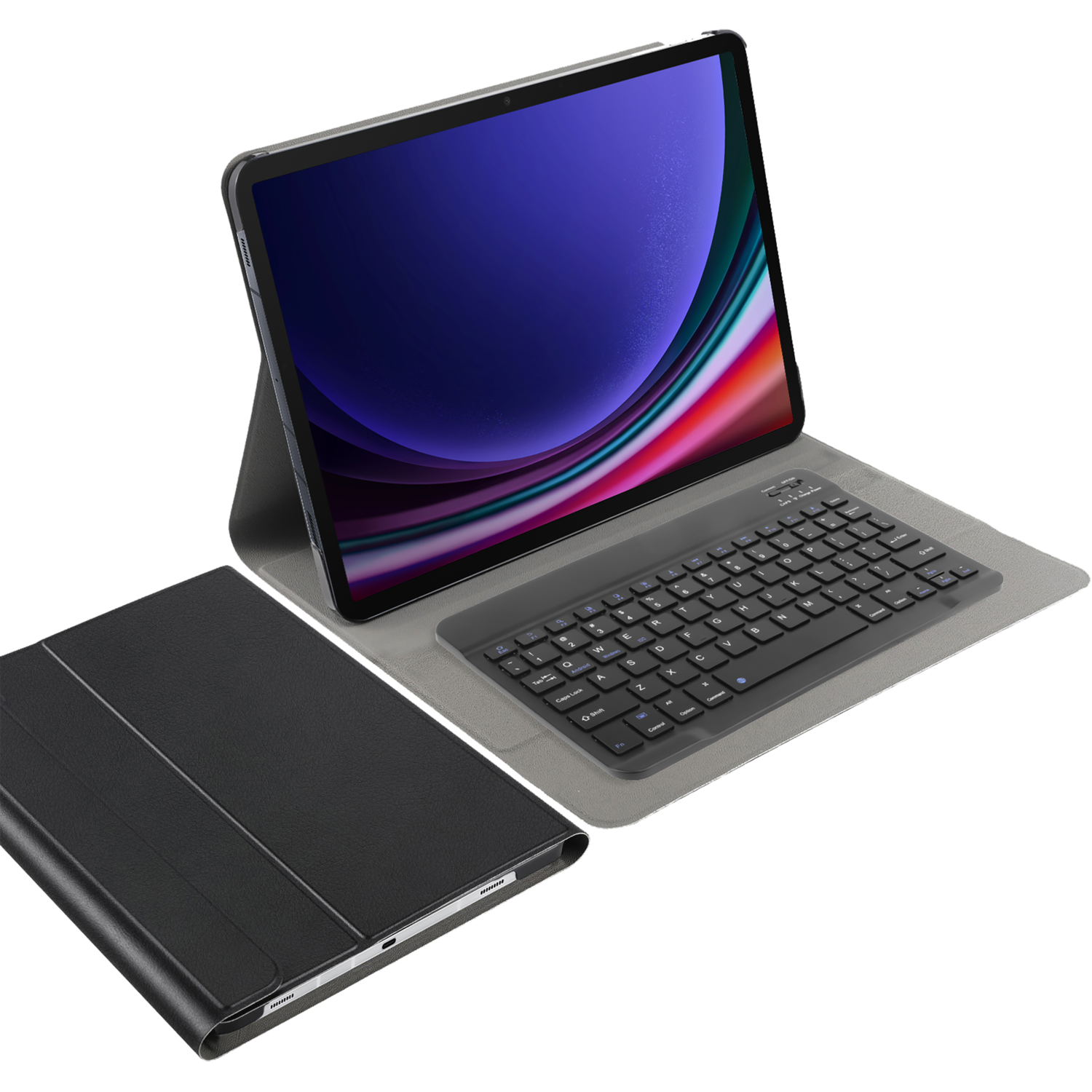 Tablet met toetsenbordhoes. Tabletscherm toont een kleurrijk beeld. Zwarte hoes en toetsenbord. Grijze achtergrond.