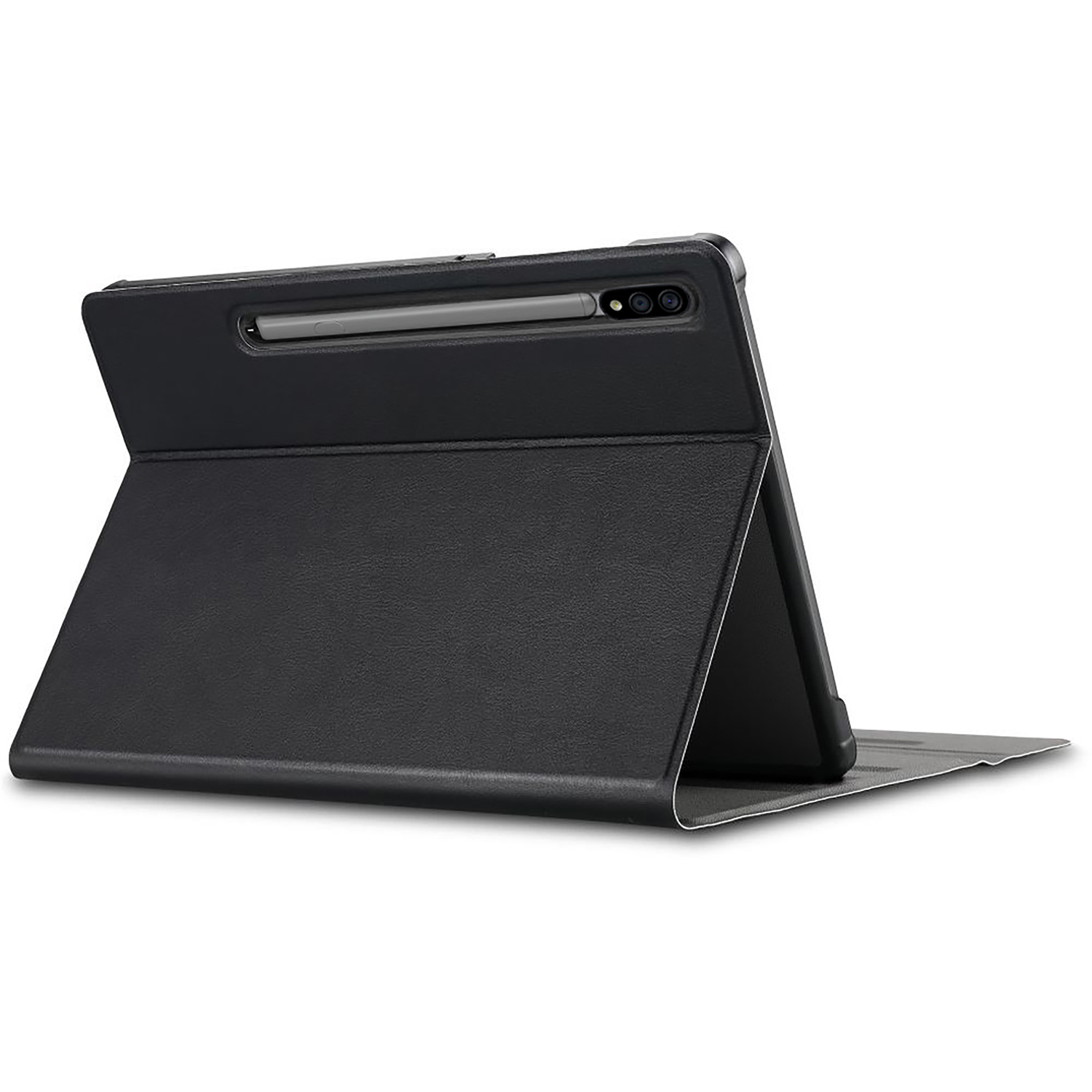 Zwarte tablet in een zwarte hoes, open. Een stylus is bevestigd.