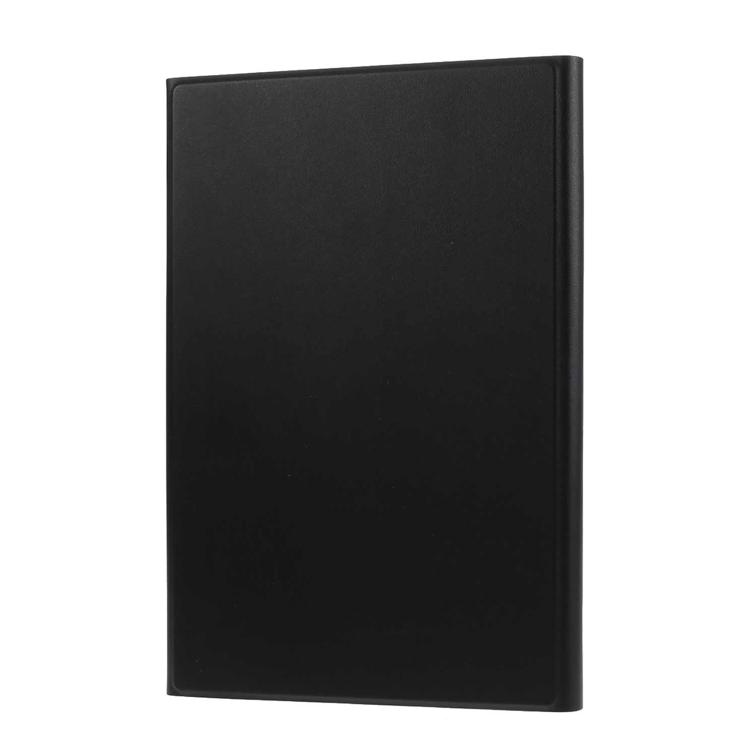 Een zwarte tablet in verticale positie. Het scherm is zwart. Op een witte ondergrond.