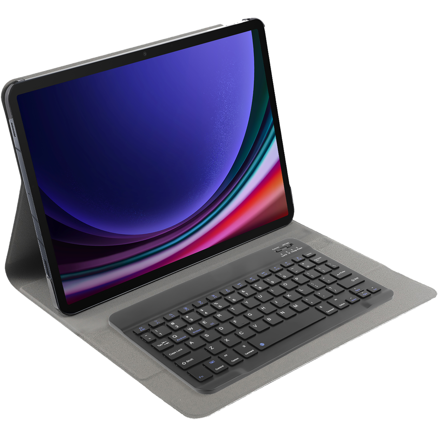 Tablet met toetsenbordhoes; scherm toont een kleurrijke abstracte afbeelding.
