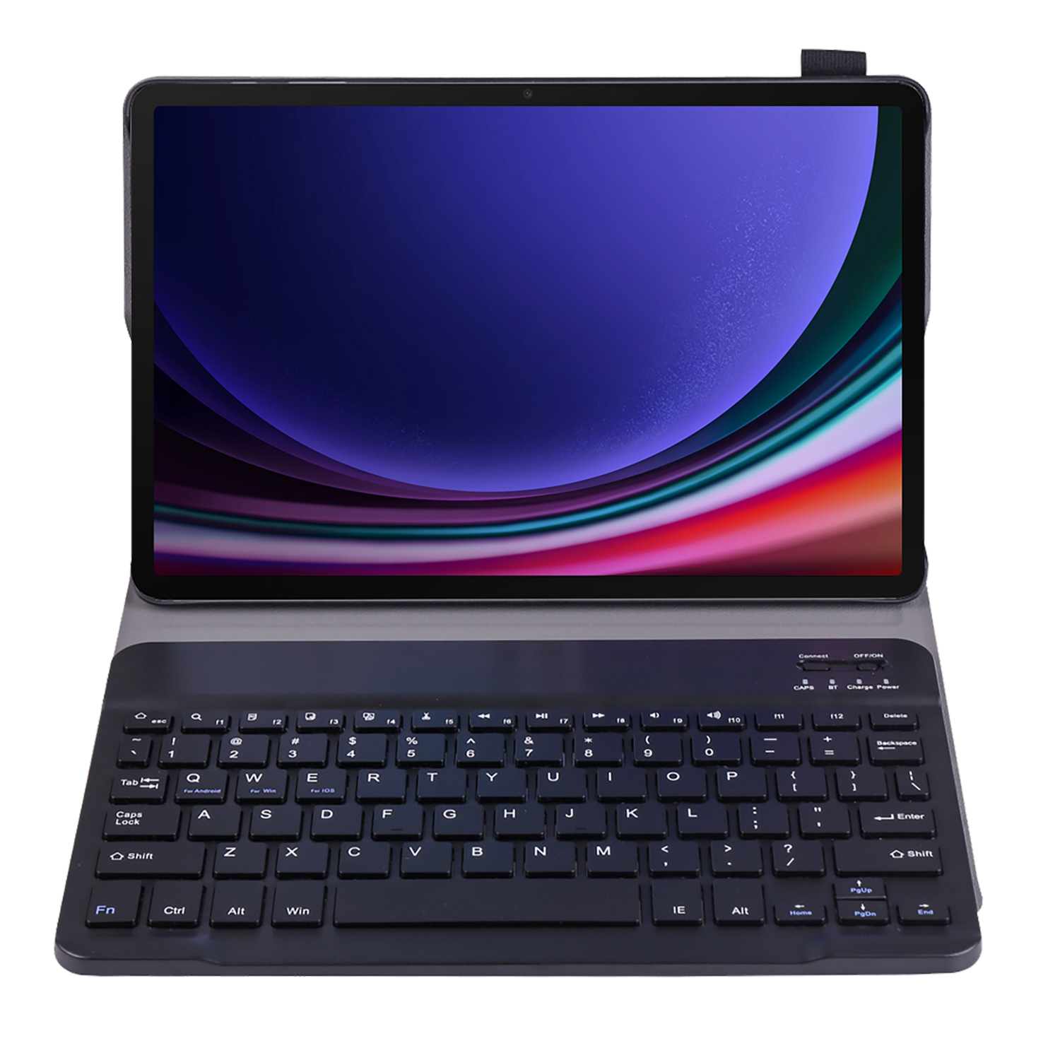 Tablet met toetsenbord. Tabletscherm toont kleurrijk display. Zwarte achtergrond.
