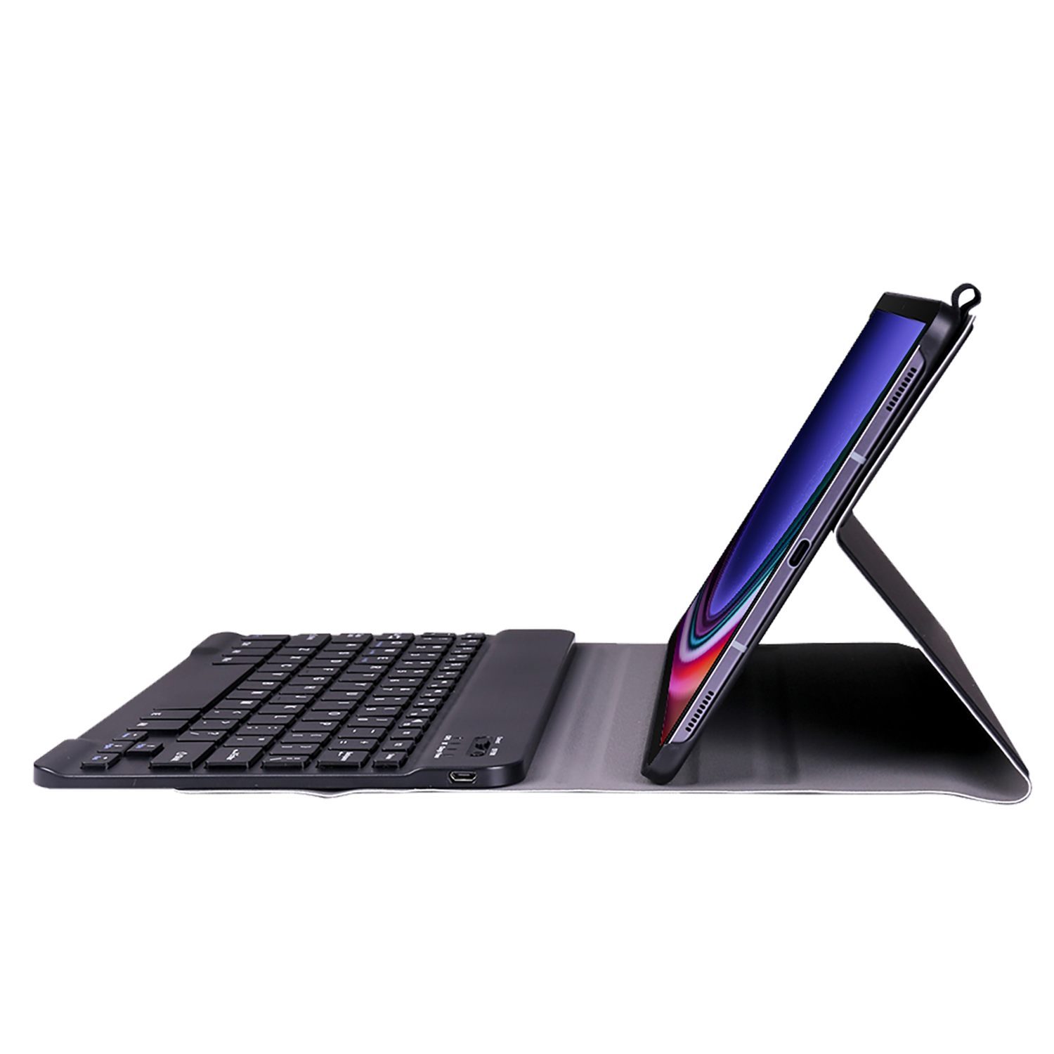Tablet met toetsenbordhoes omhooggeklapt, scherm tonend. Zwart toetsenbord en hoes.