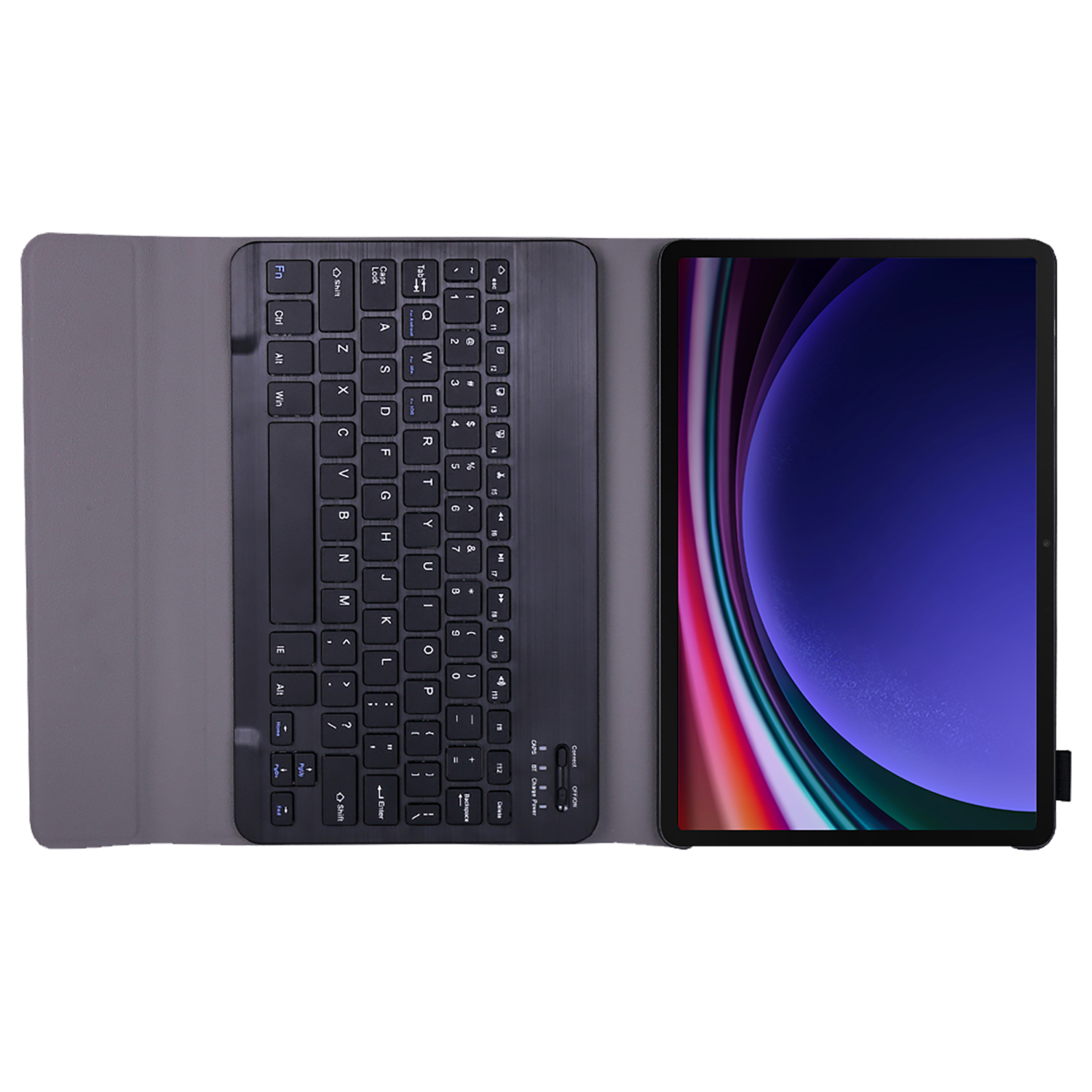 Tablet met toetsenbordhoes. Tablet rechts, toetsenbord links, open.
