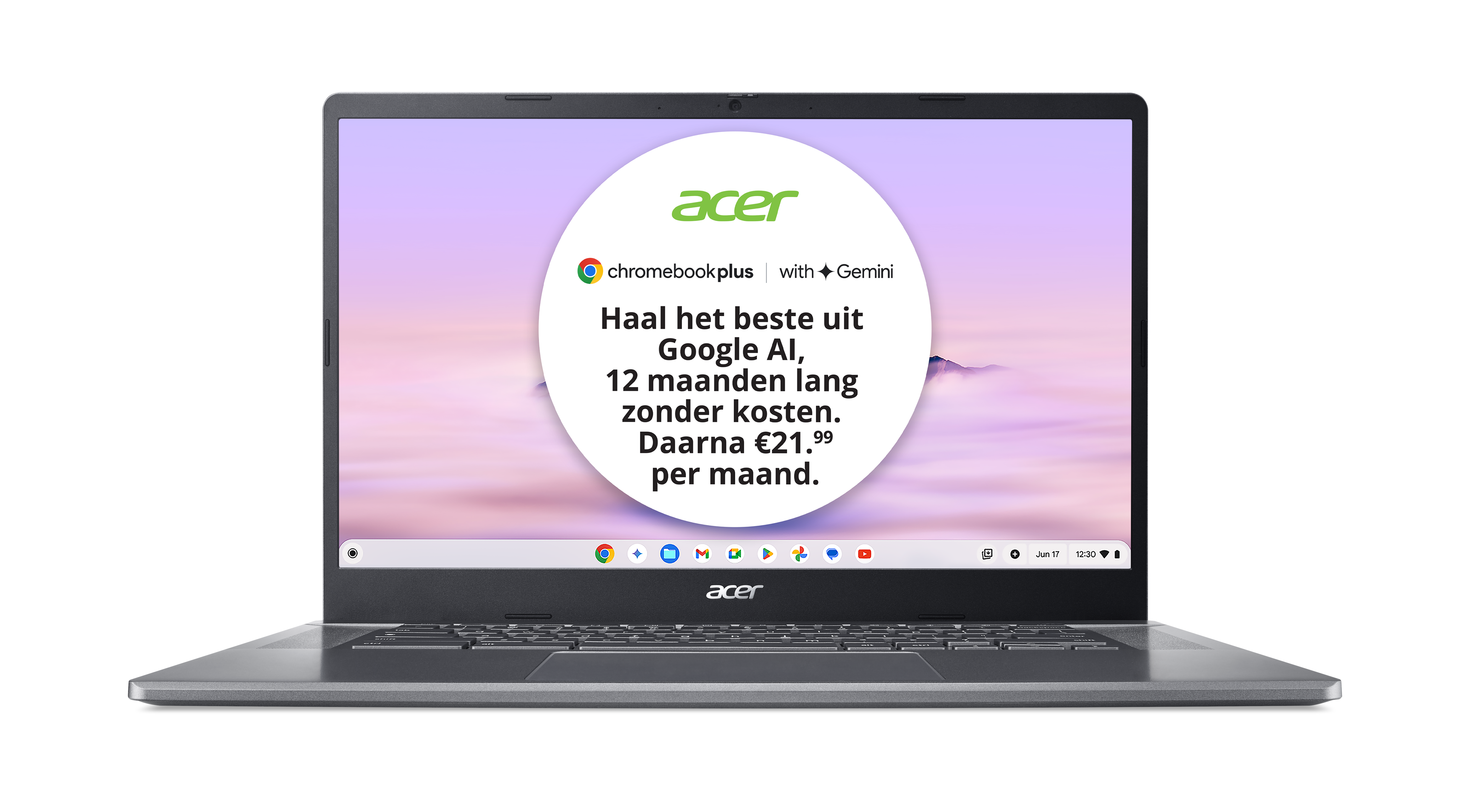 A silver Acer Chromebook laptop displays an advertisement about Google AI, in Dutch.