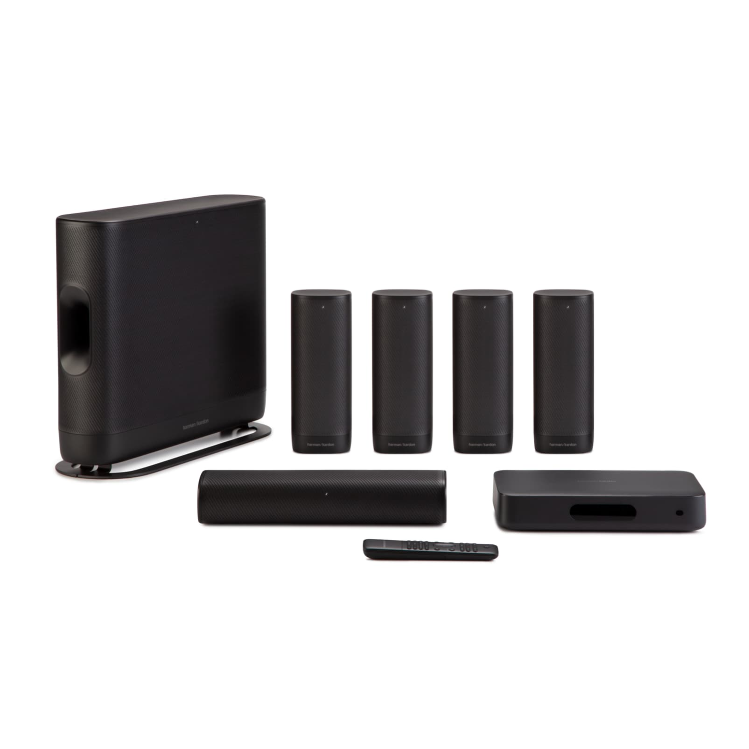 Zwart Harman Kardon geluidssysteem met subwoofer, luidsprekers en afstandsbediening.