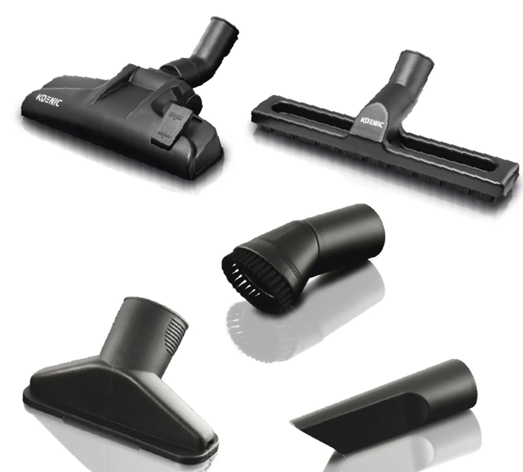 Kilka czarnych nasadek do odkurzacza, w tym dysze i szczotki, widać na białej powierzchni.