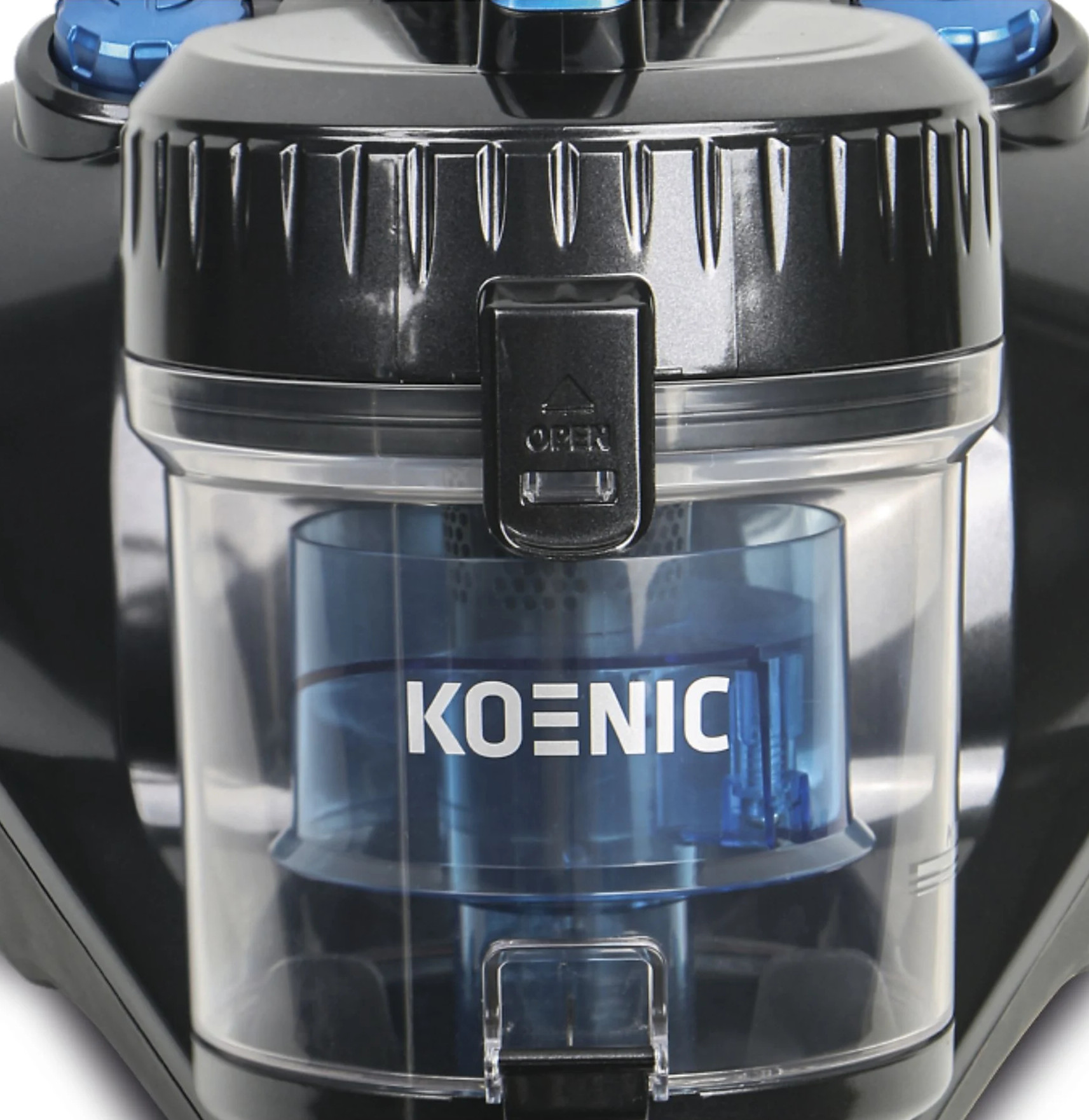 Odkurzacz z przezroczystym pojemnikiem. Widoczna nazwa marki 'KOENIC'.