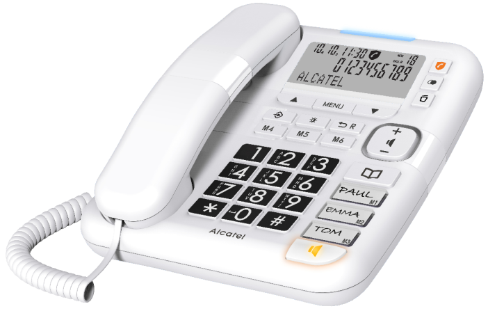 Egy fehér vezetékes telefon digitális kijelzővel, amely az időt, a dátumot és egy telefonszámot mutat.