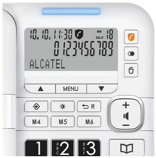 Fehér Alcatel vezetékes telefon, amelyen egy képernyő számokat és időt jelenít meg.