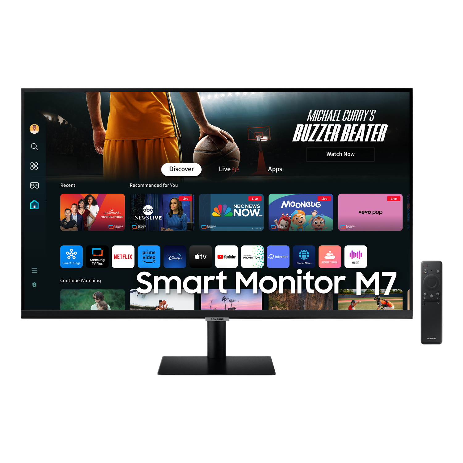 Slimme monitor. TV-scherm toont apps en video's. Zwarte frame, standaard en afstandsbediening.
