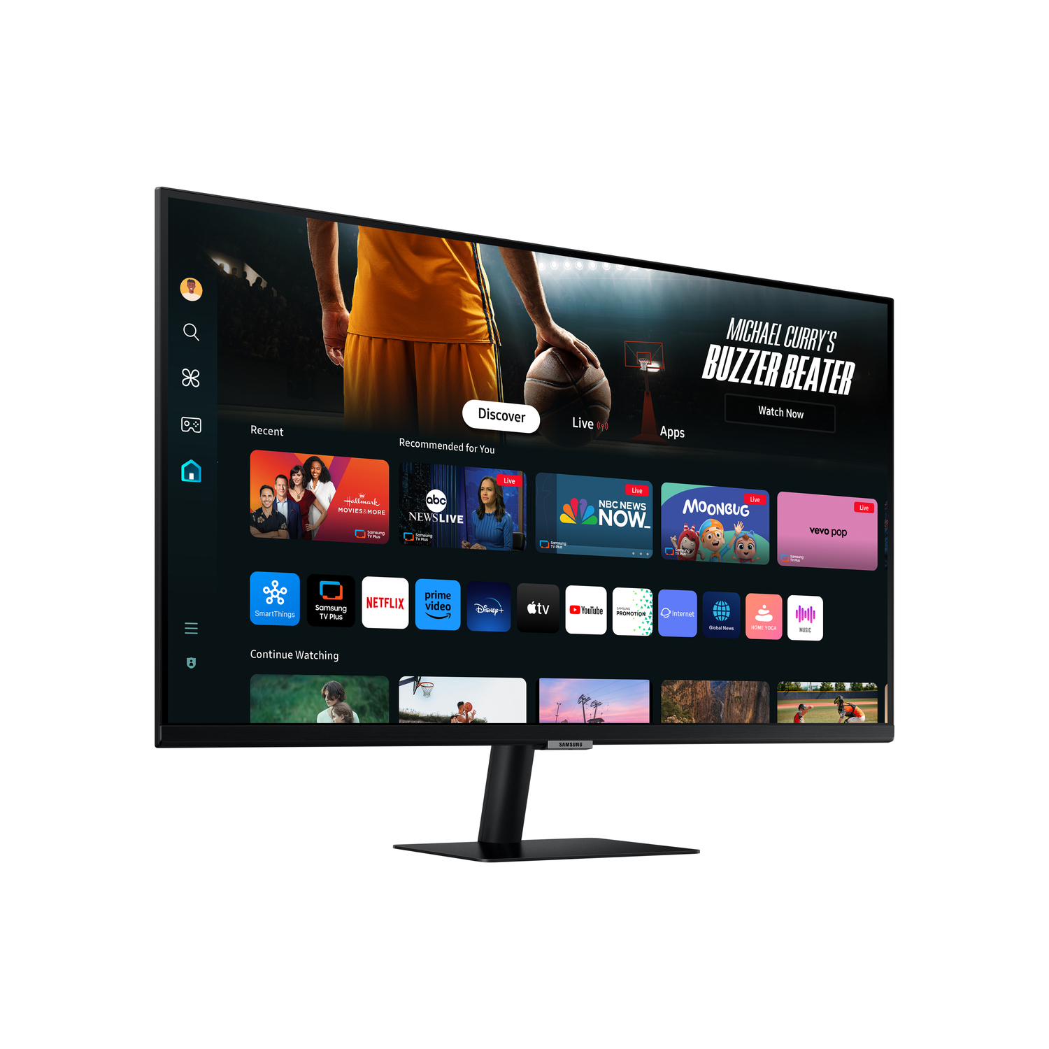Een Samsung tv-scherm met een menu met apps, shows en een zwarte standaard.
