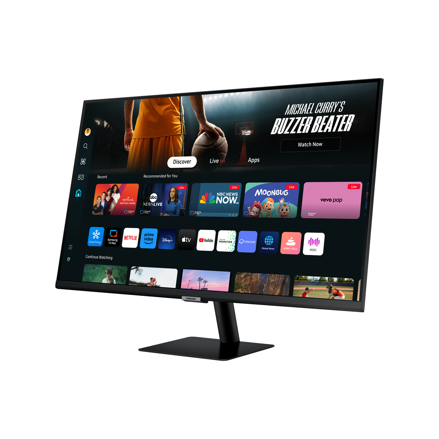 Een computermonitor met een streamingdienstinterface met meerdere app-iconen.