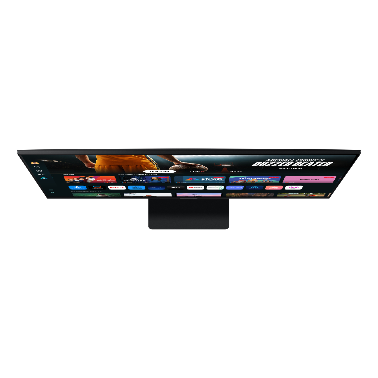 Zwarte monitor van bovenaf. Toont een streaming service interface. Witte achtergrond.