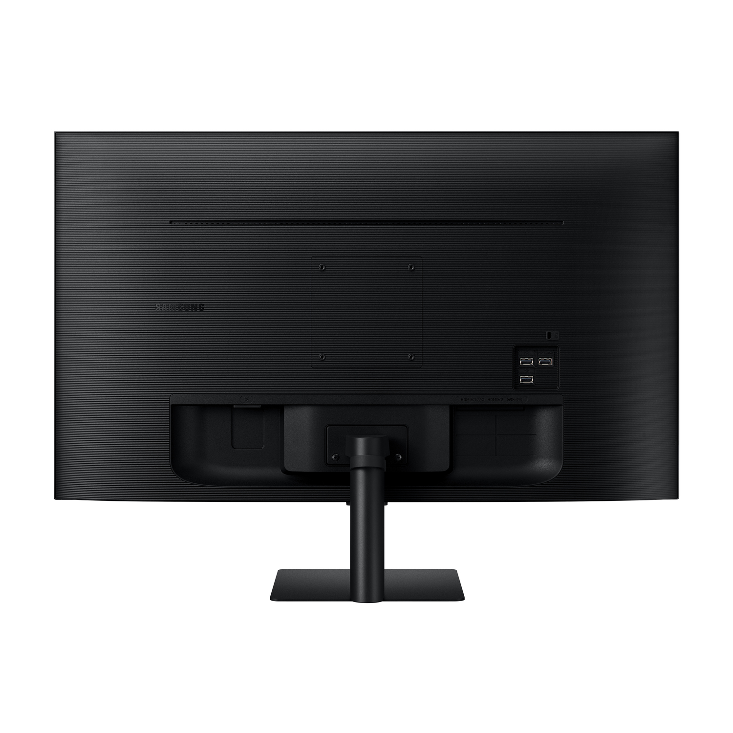Achterkant van een zwarte computermonitor met poorten en standaard.