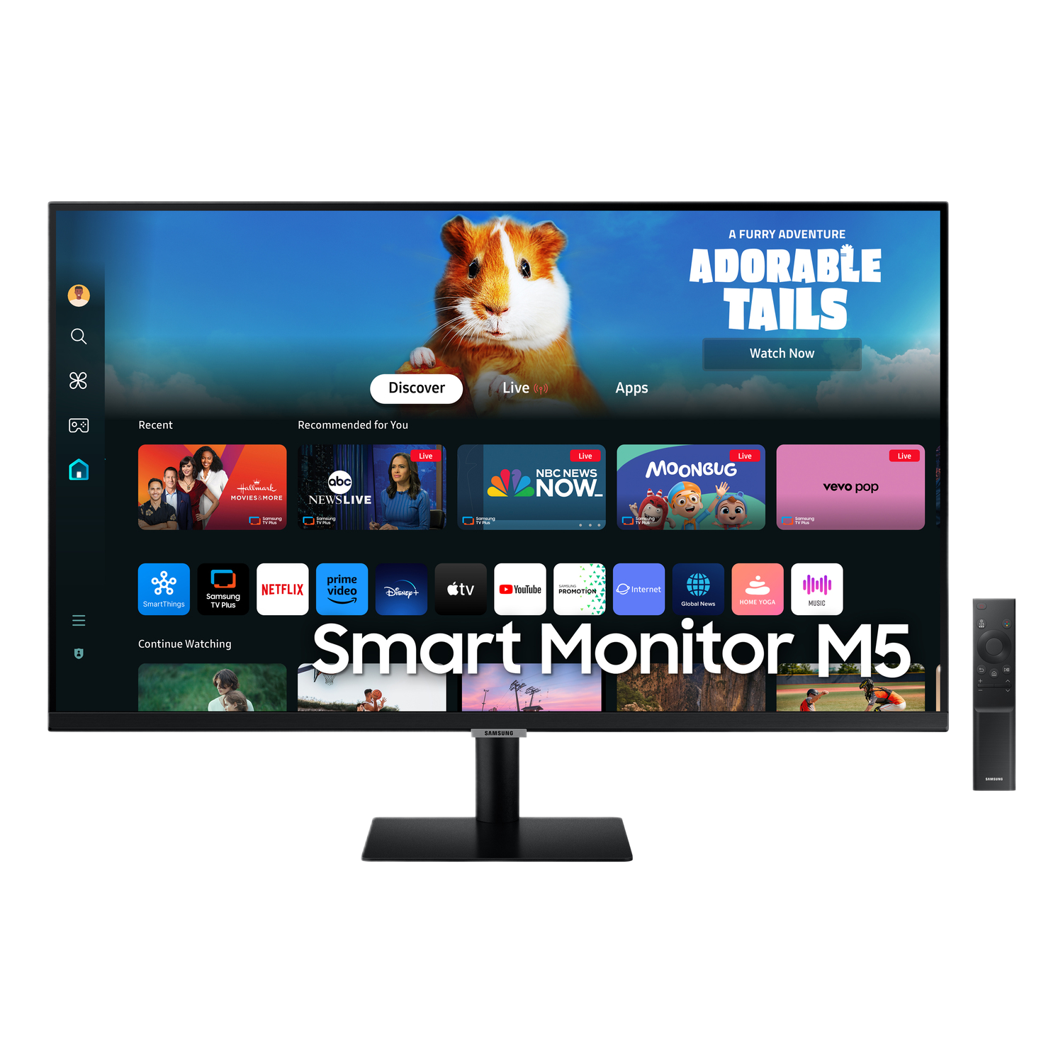 Moniteur intelligent Samsung M5. L'écran affiche une interface colorée avec diverses applications et une image de cochon d'Inde.