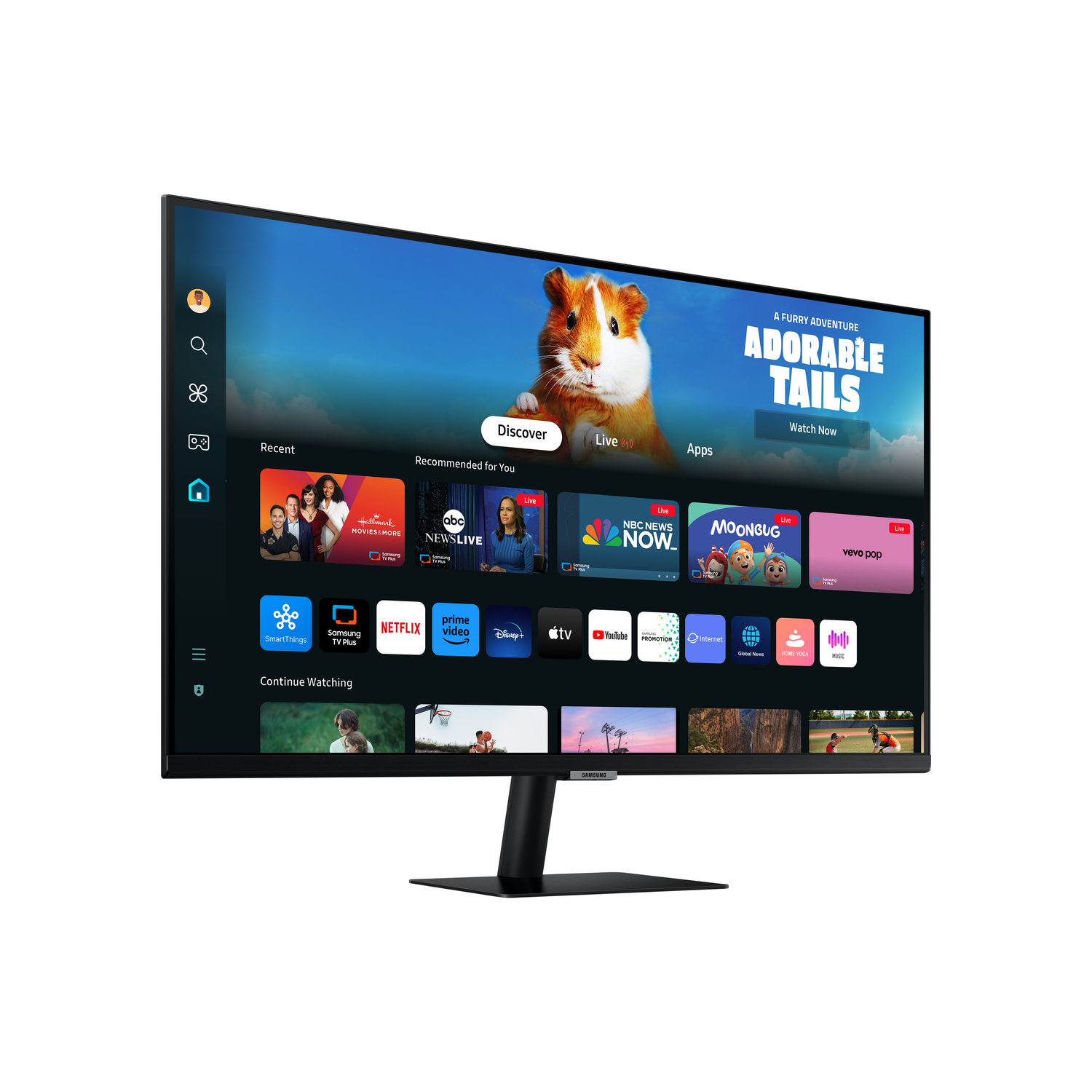 Un écran de moniteur affiche une interface colorée avec des icônes d'applications, dont Netflix et Disney+.