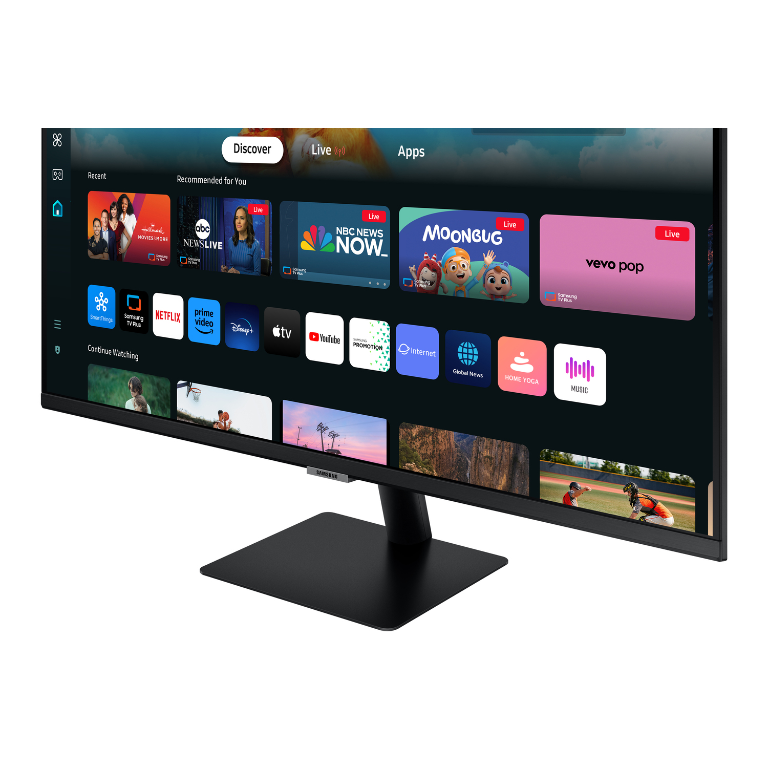 Un moniteur Samsung noir affiche une interface TV en direct avec des icônes d'application et un support noir.