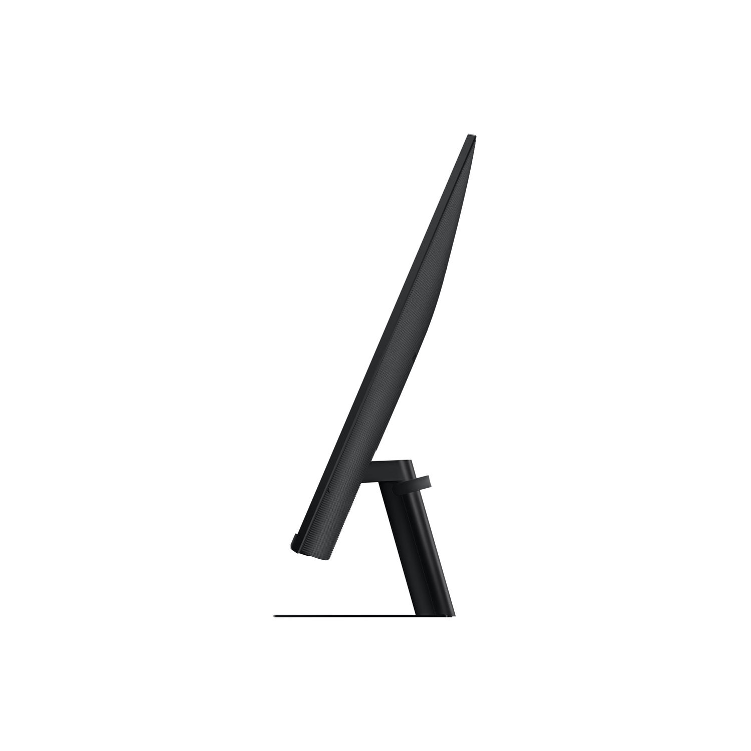 Vue latérale d'un moniteur d'ordinateur noir, design élégant, avec un pied. Il est posé sur un fond blanc.