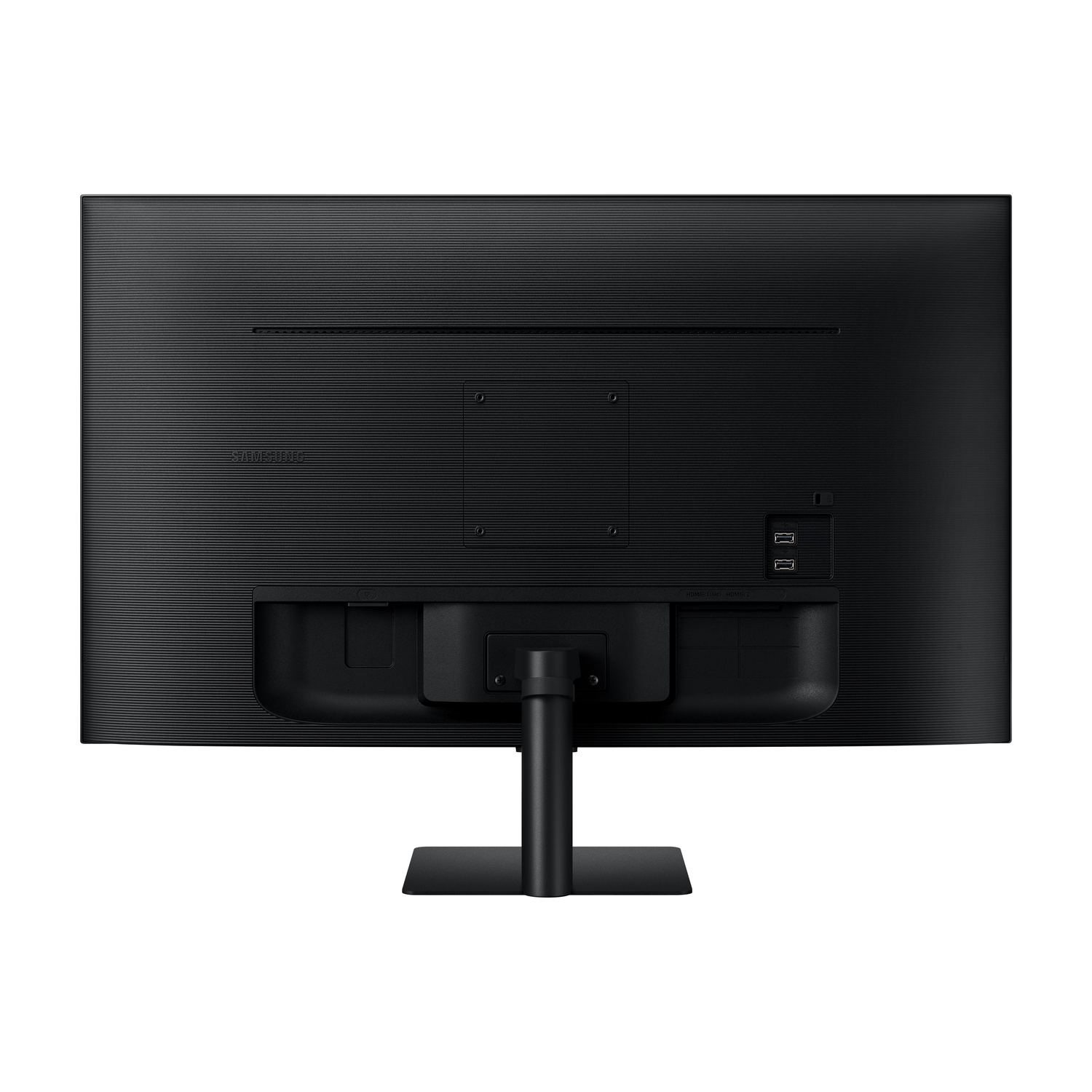Vue arrière d'un écran d'ordinateur noir avec ports et un support.
