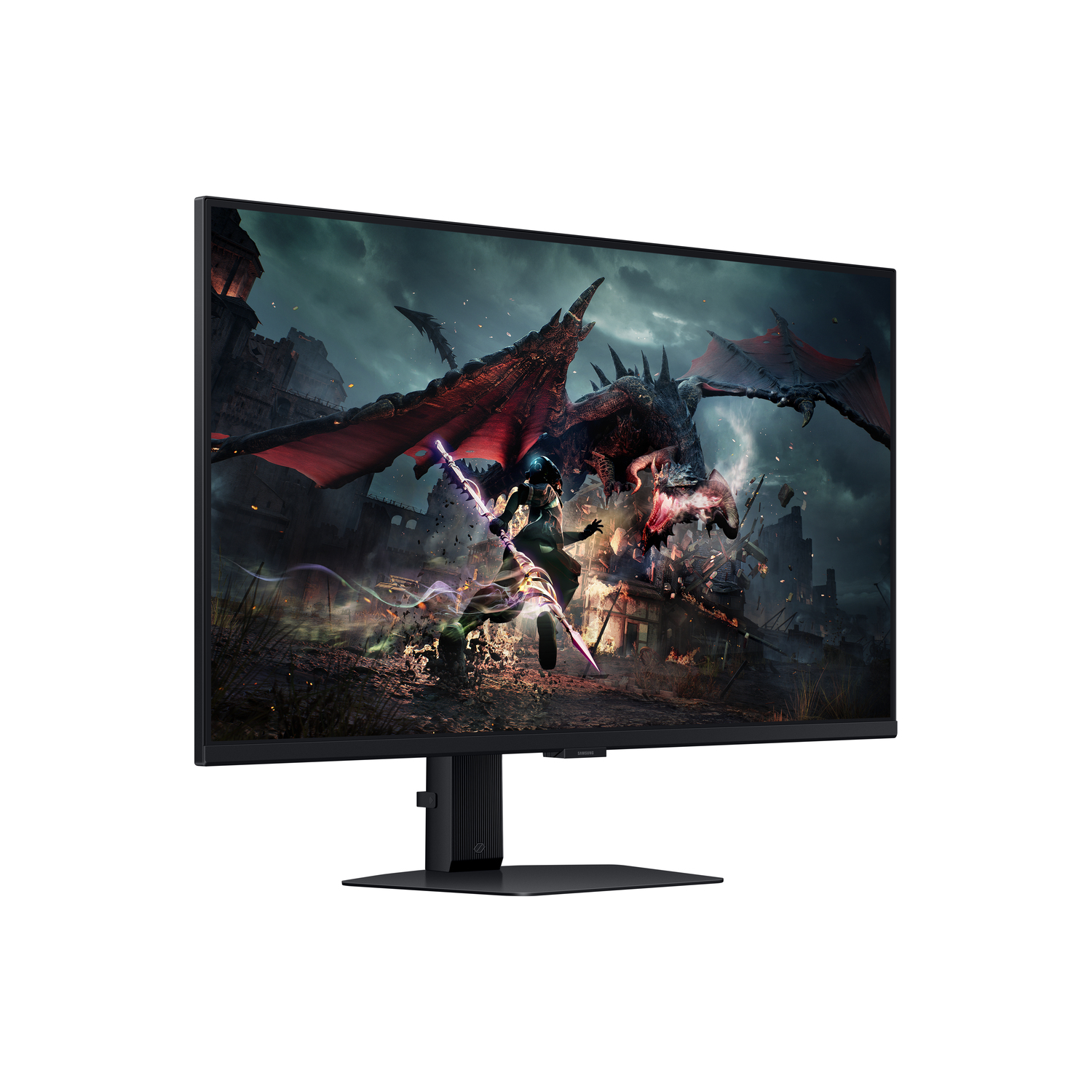 A computer monitor displaying a fantasy game scene with a dragon.