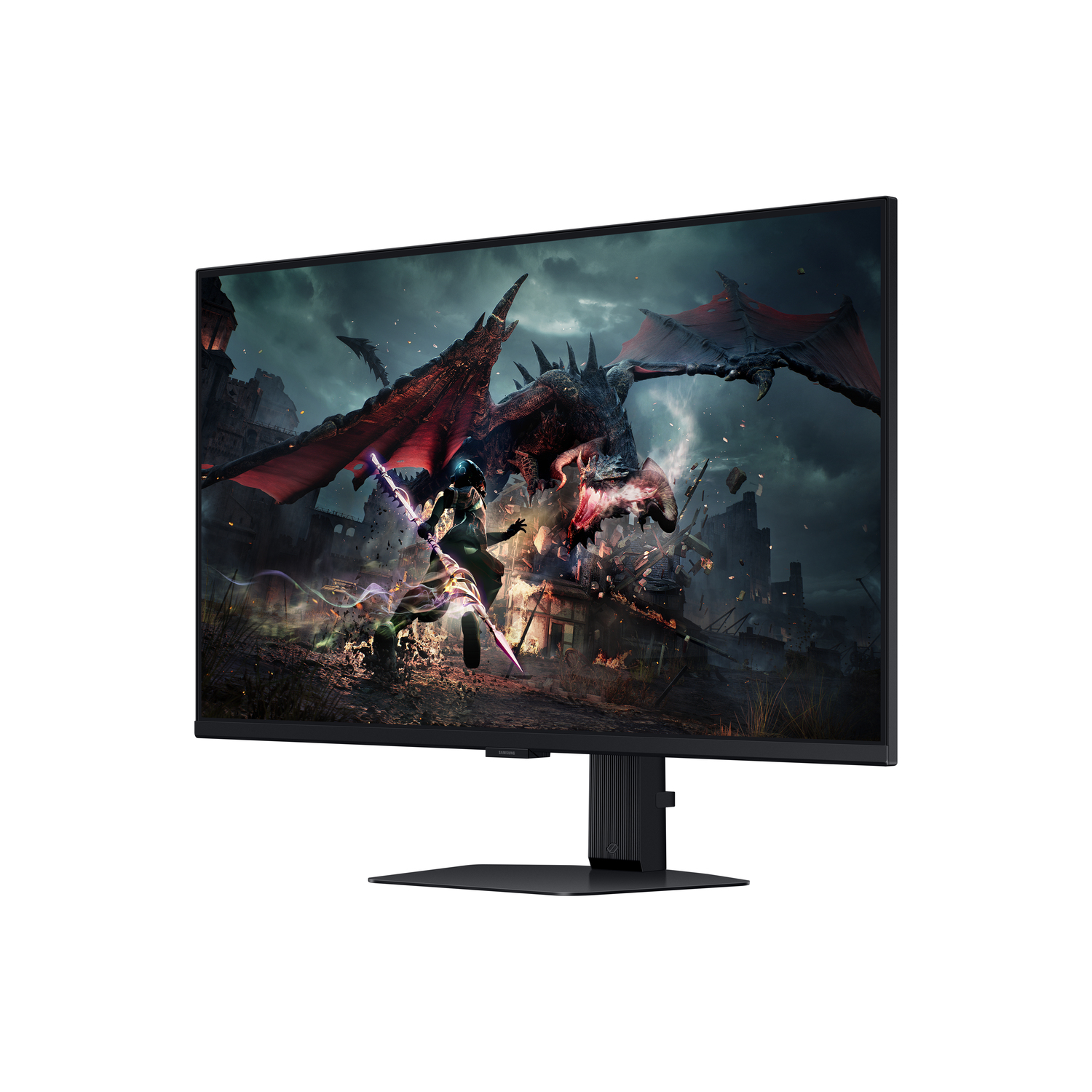 Gaming monitor displays a fantasy scene of a dragon fighting a warrior. Dark background.