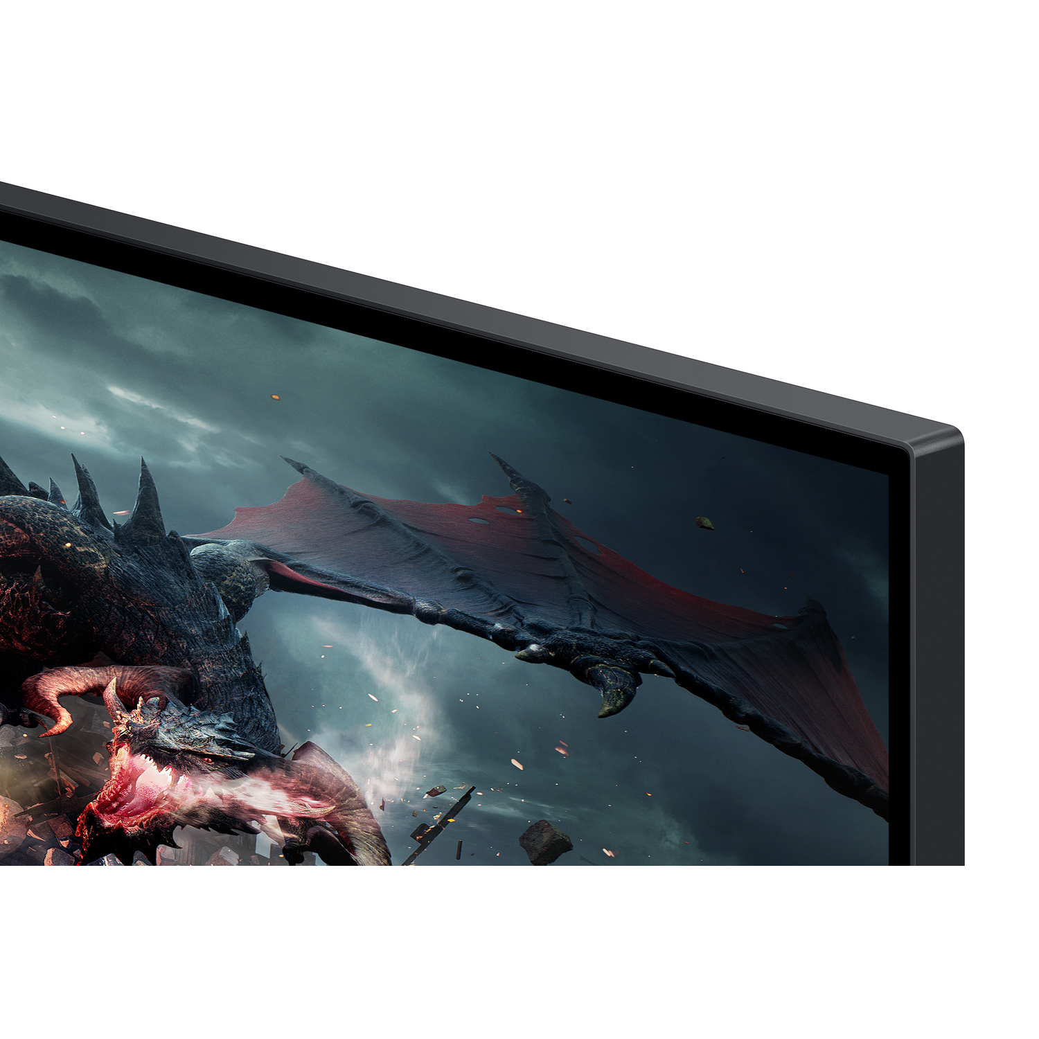 Close-up of a monitor displaying a dragon image with a gaming theme.