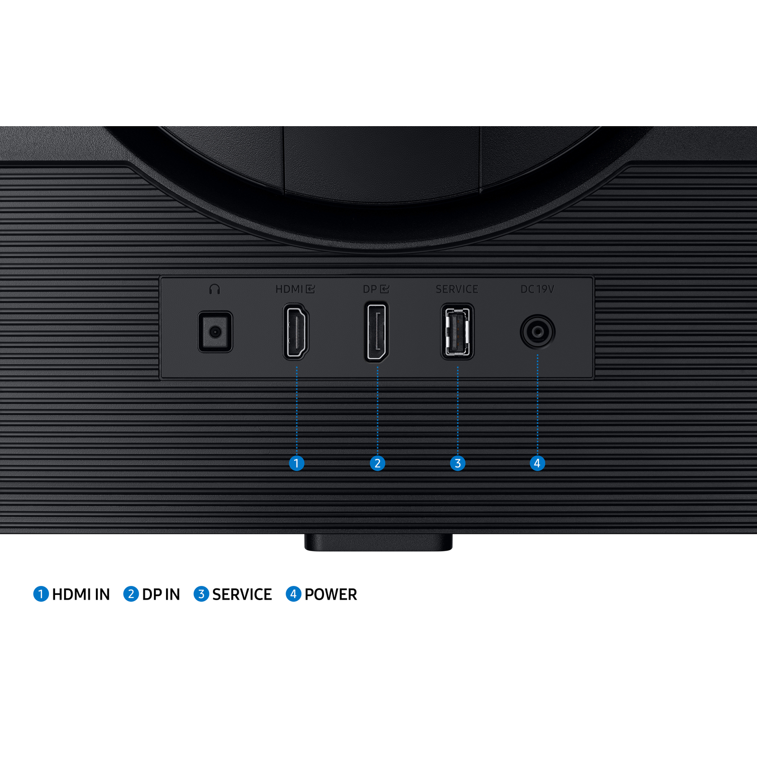 Back panel of a monitor with ports: HDMI, DP, SERVICE, POWER. Blue numbered labels are shown.