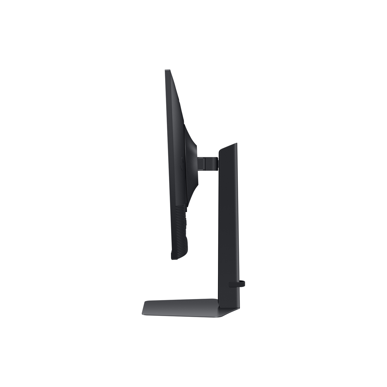 A side view of a black computer monitor on a white background. The monitor has a slim design.