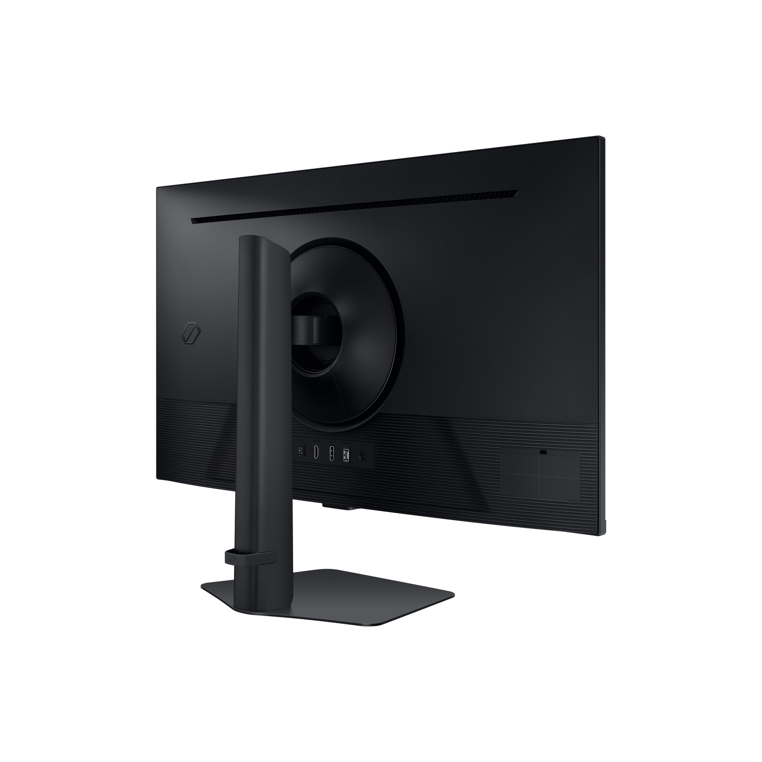 Black computer monitor rear view. Display, stand and ports are visible. Back of the monitor is black.
