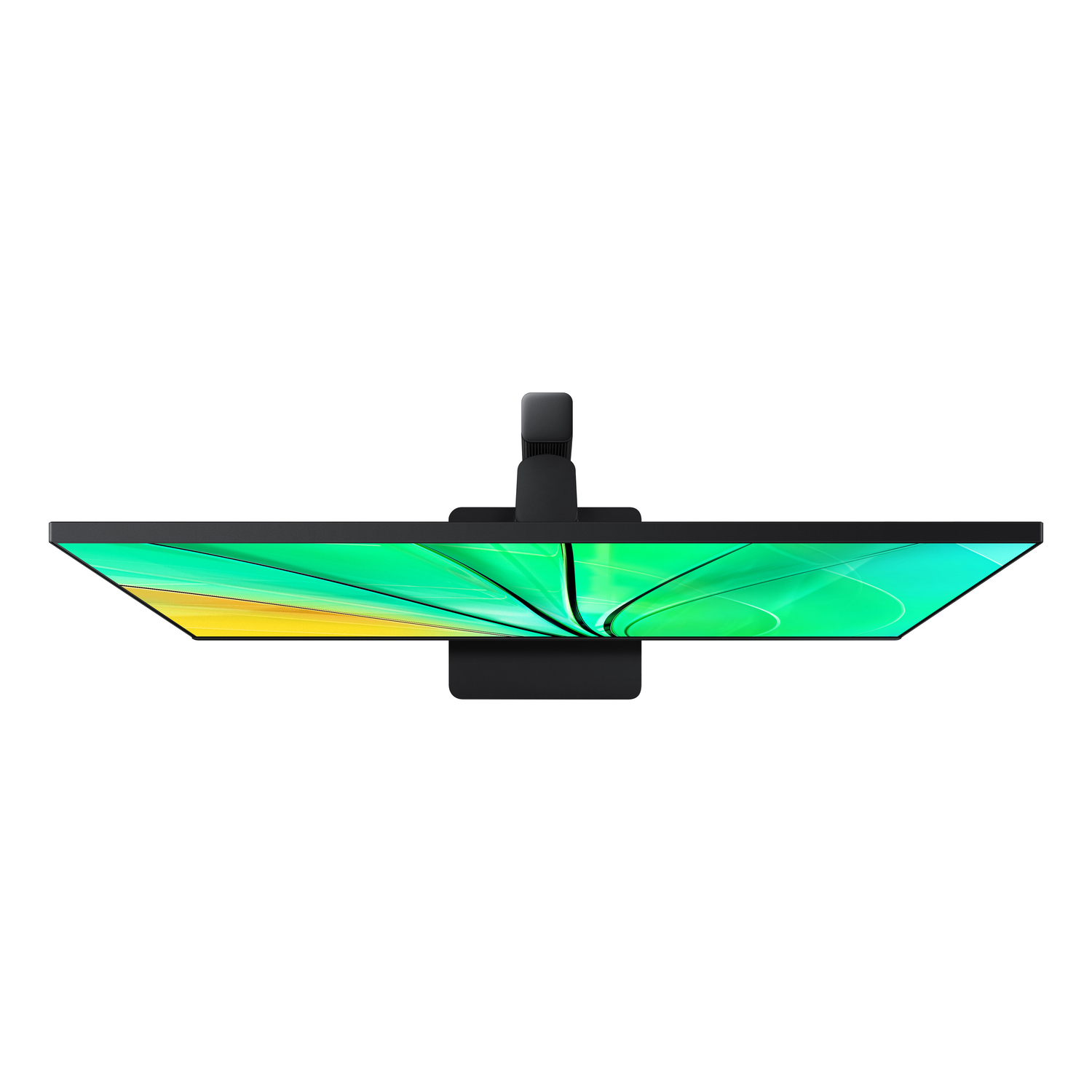 Vue de dessus d'un moniteur noir avec écran à motifs verts et jaunes, isolé sur fond blanc.