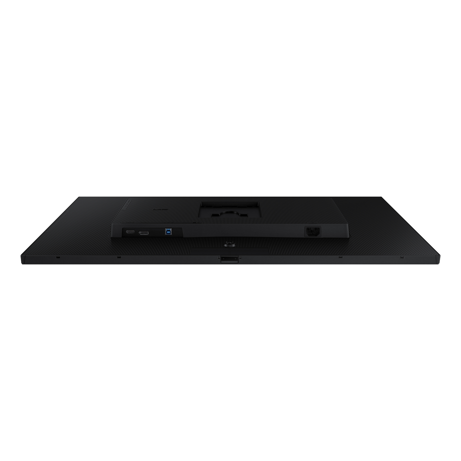 Arrière d'un moniteur noir avec ports. Fond blanc.