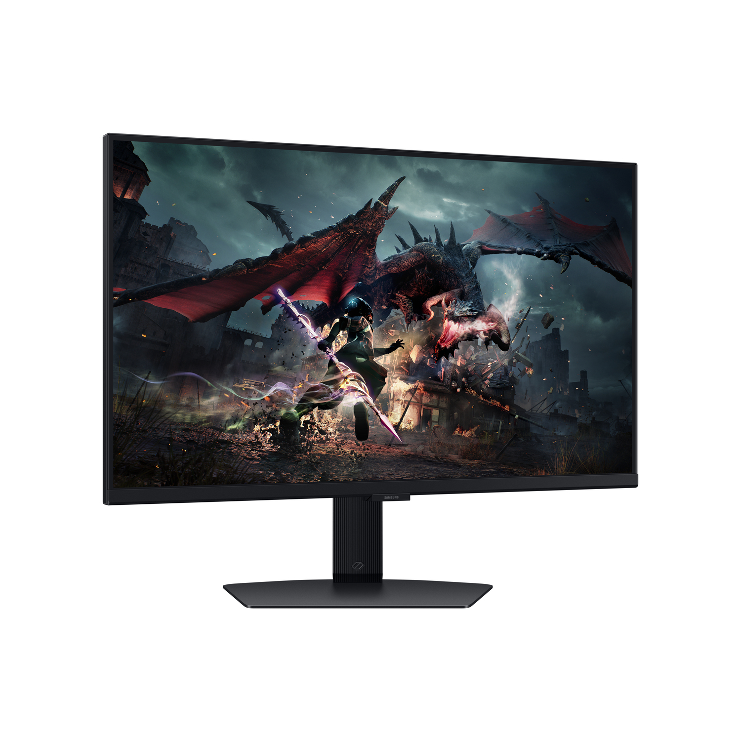 A gaming monitor displaying a fantasy scene with a dragon and a woman in armor.
