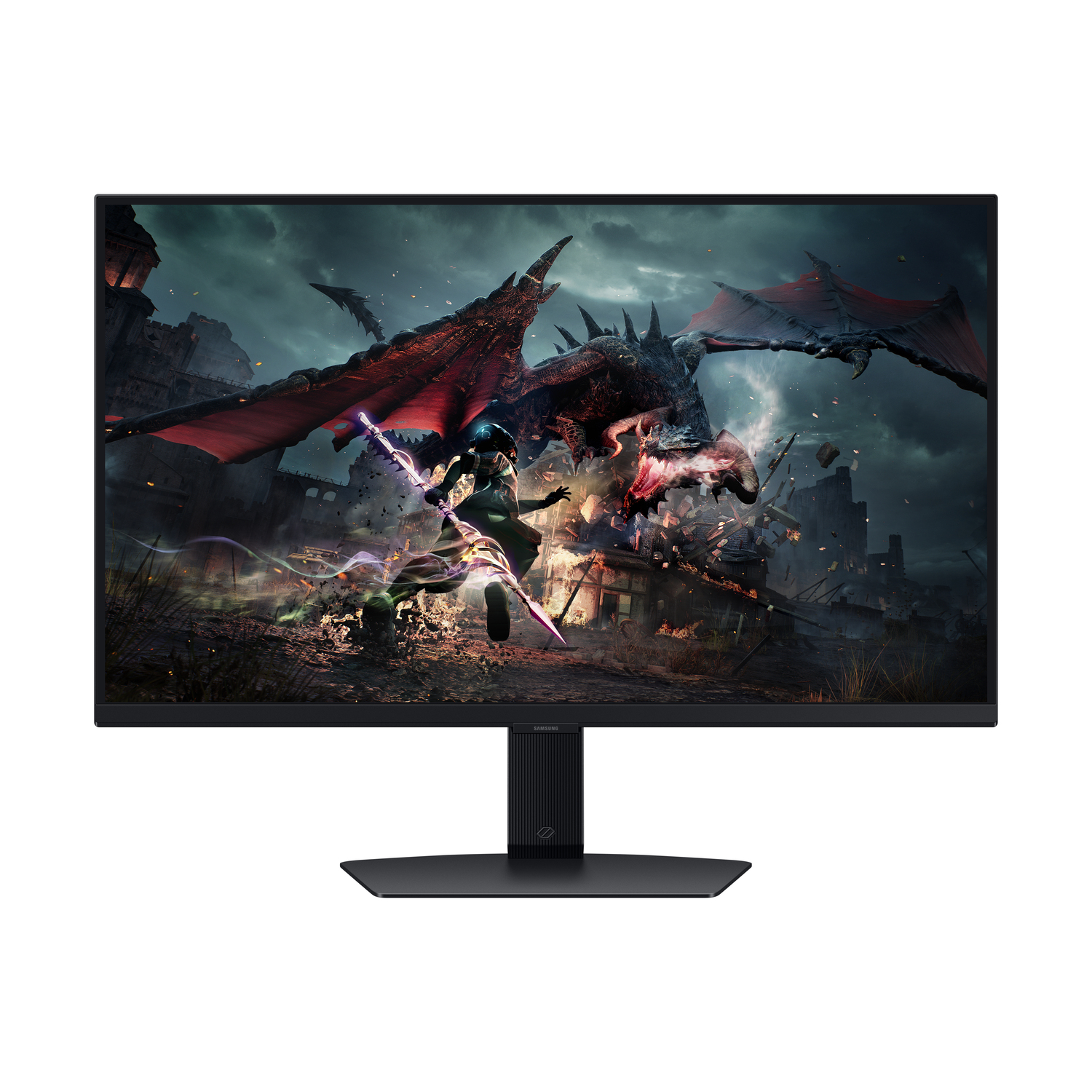 A gaming monitor displaying a scene with a warrior facing a dragon, set in a dark environment.