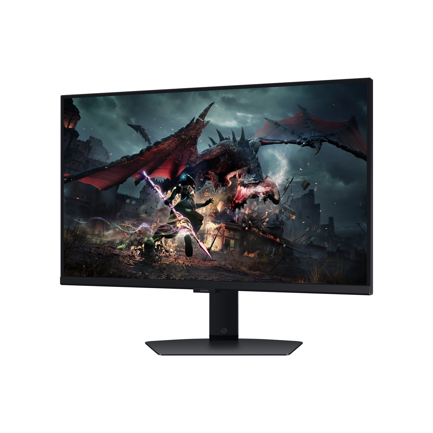 A gaming monitor with a fantasy scene on the screen, dragon and warrior fighting.