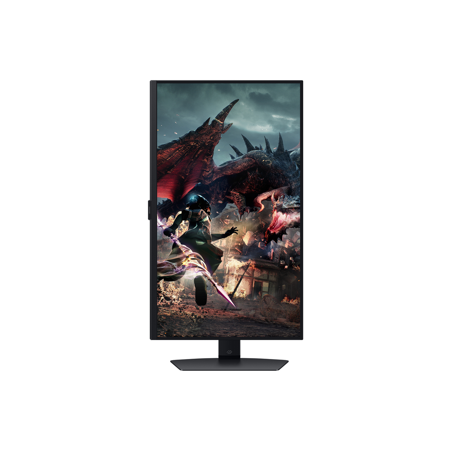 A monitor screen displays a video game scene with a warrior fighting a monster.